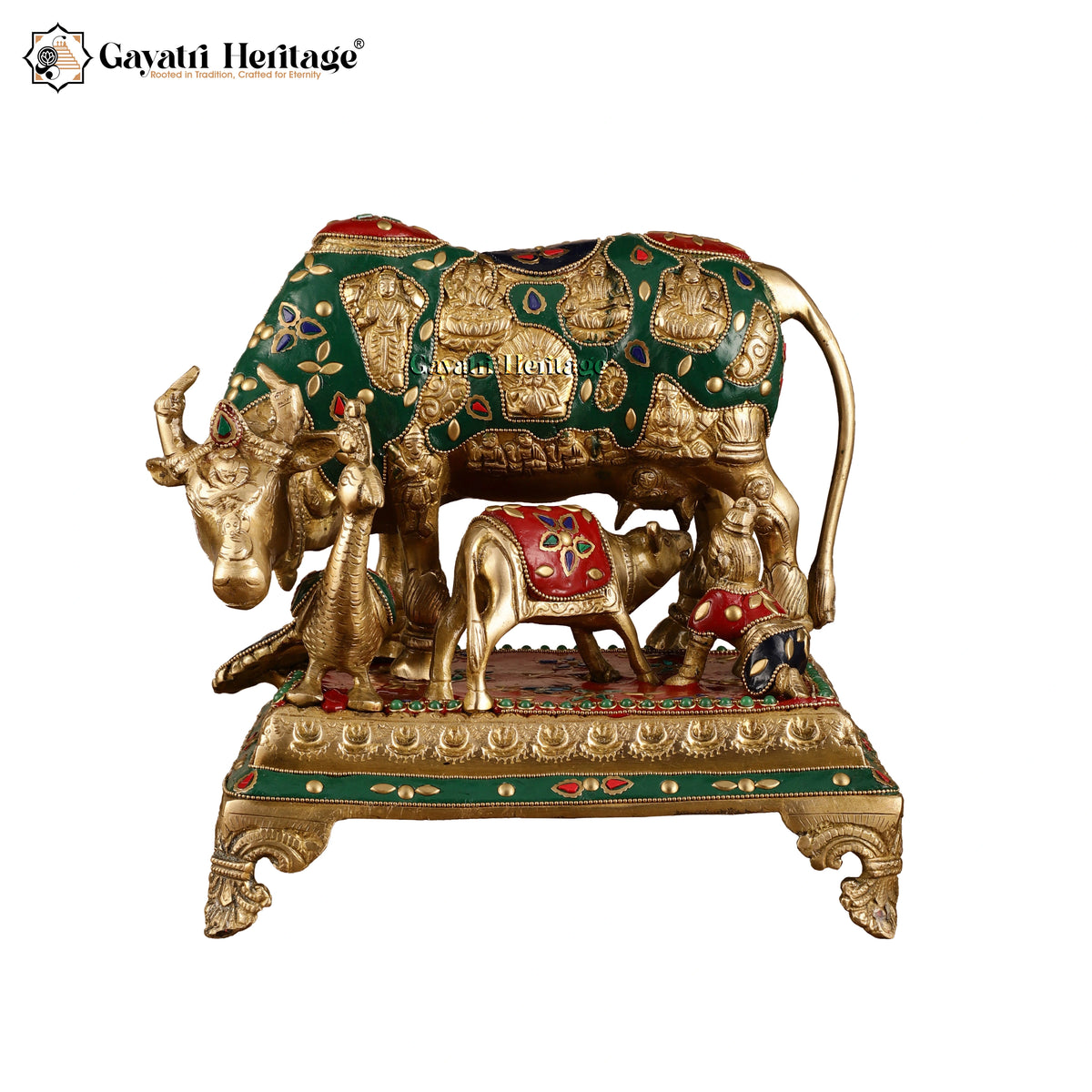 Brass Cow and Calf with Peacock – Stonework Divine Charm | Gayatri Heritage