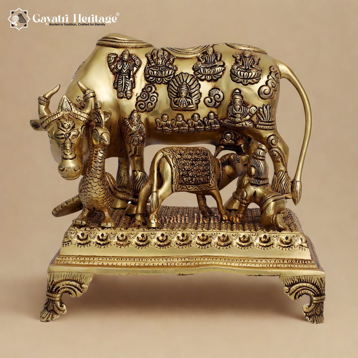 Brass Cow and Calf in Yellow Antique – Sacred Décor | Gayatri Heritage