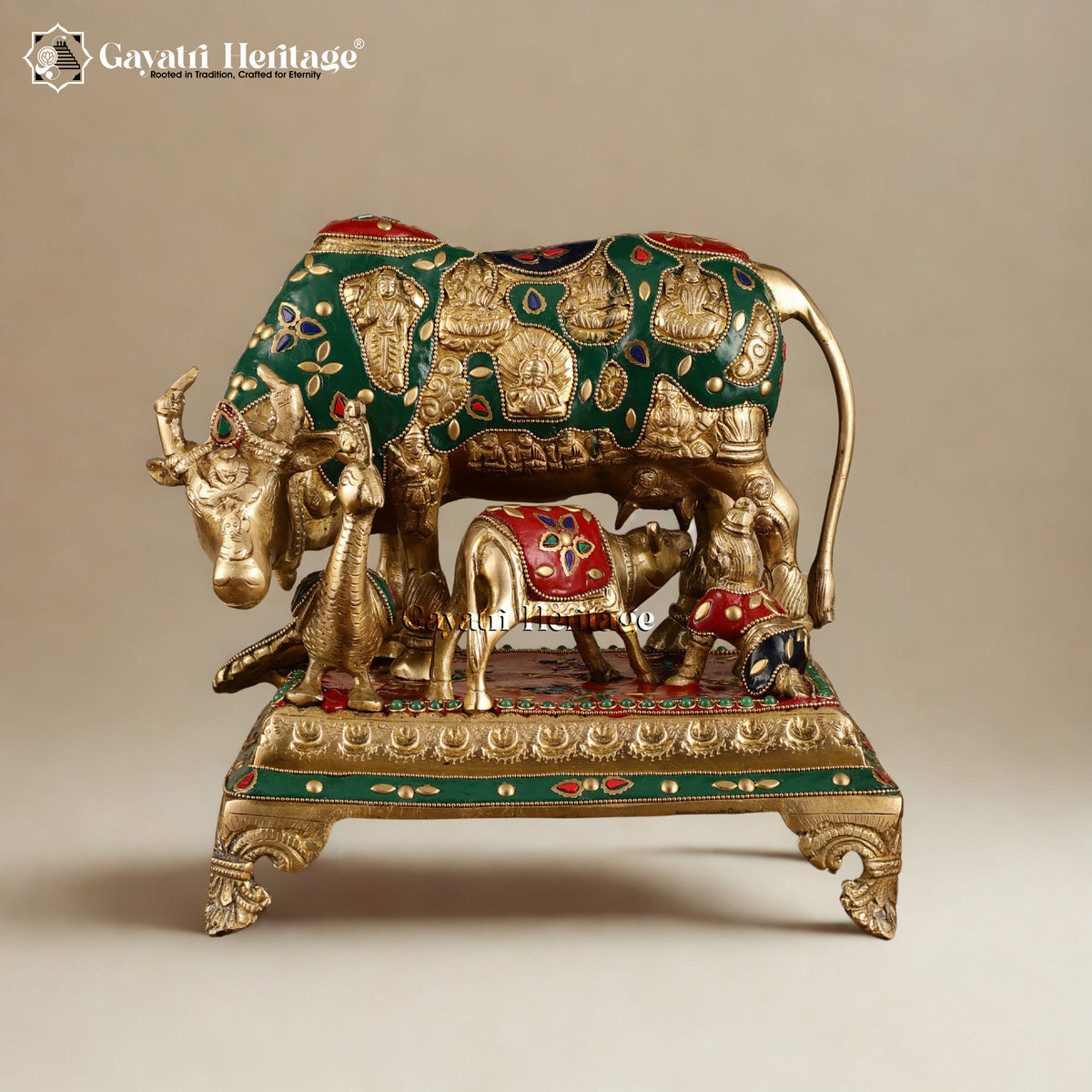 Brass Cow and Calf with Peacock – Stonework Divine Charm | Gayatri Heritage
