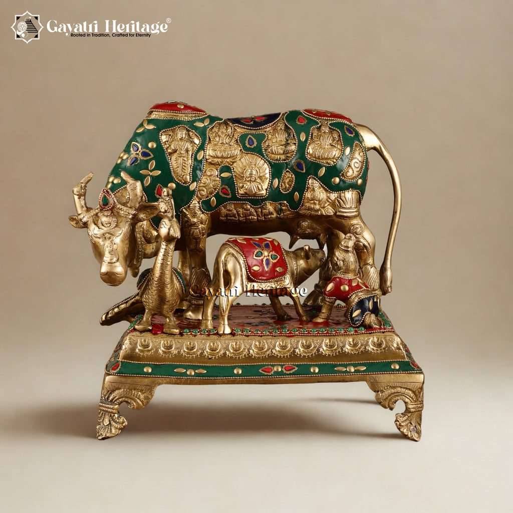 Brass Cow and Calf with Peacock – Stonework Divine Charm | Gayatri Heritage