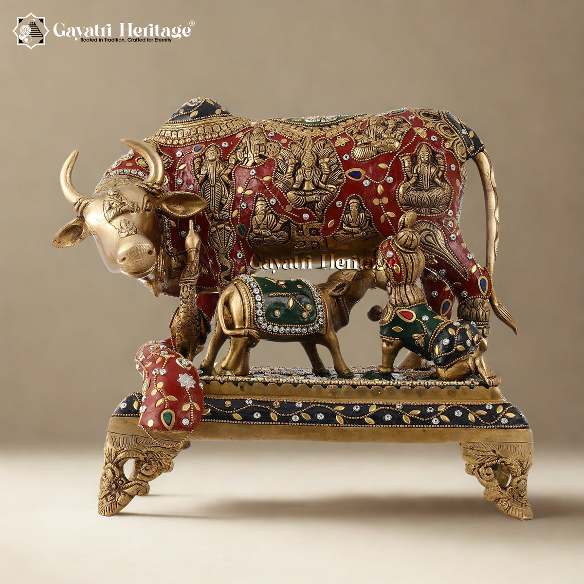Brass Cow and Calf – Exquisite Stone Work Detailing | Gayatri Heritage