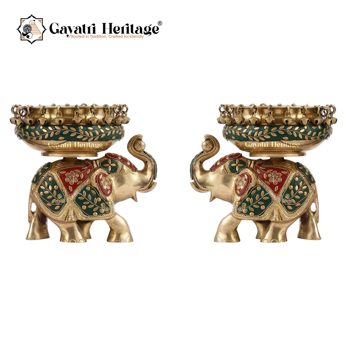 Brass Ethnic Design Urli on Elephant Statue – Spiritual Harmony | Gayatri Heritage