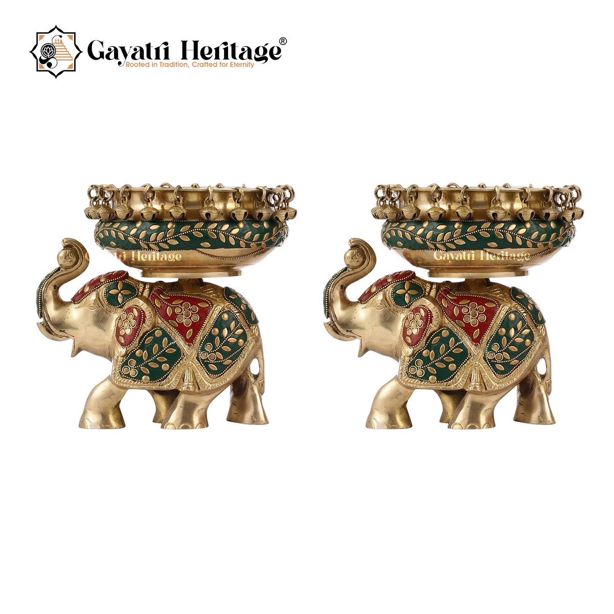 Brass Ethnic Design Urli on Elephant Statue – Spiritual Harmony | Gayatri Heritage