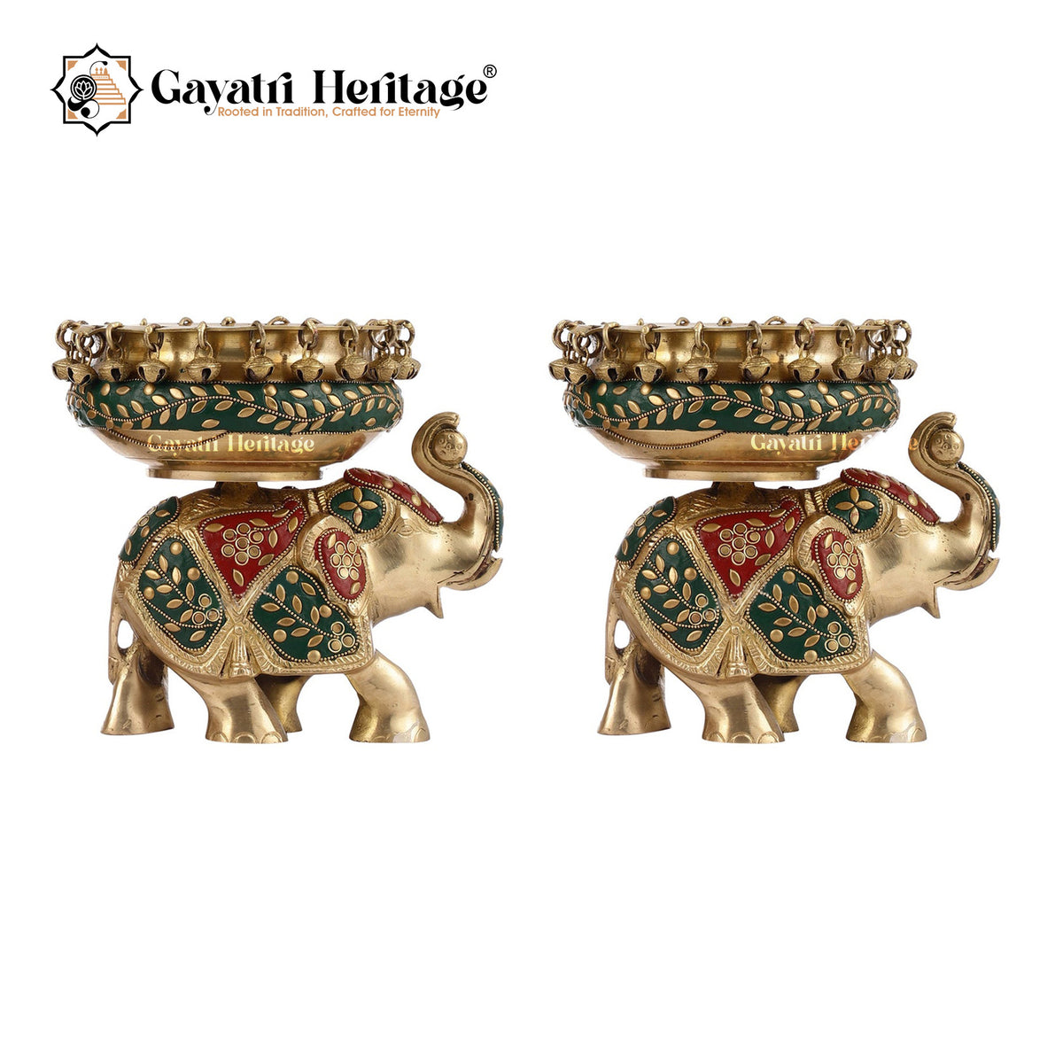 Brass Ethnic Design Urli on Elephant Statue – Spiritual Harmony | Gayatri Heritage