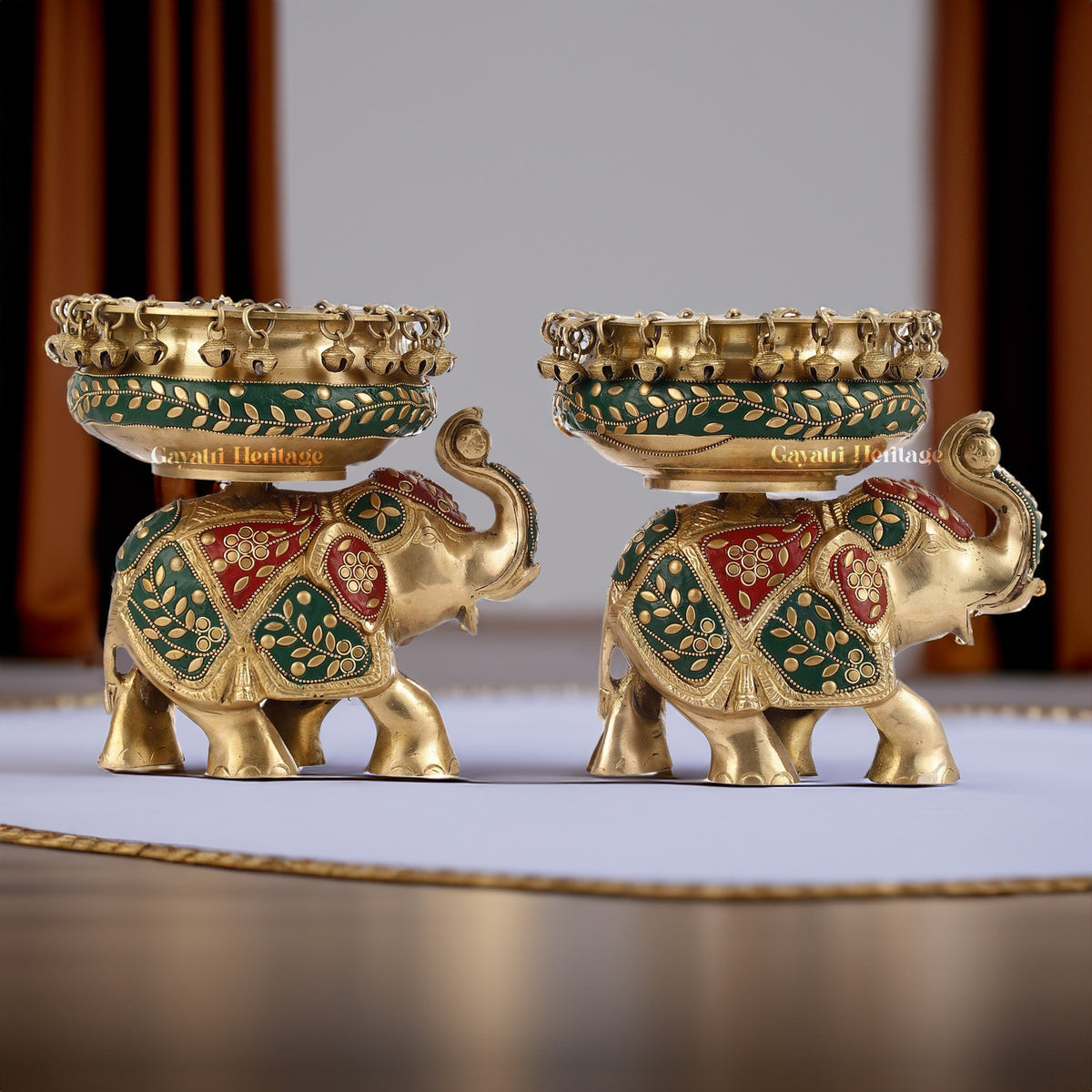 Brass Ethnic Design Urli on Elephant Statue – Spiritual Harmony | Gayatri Heritage