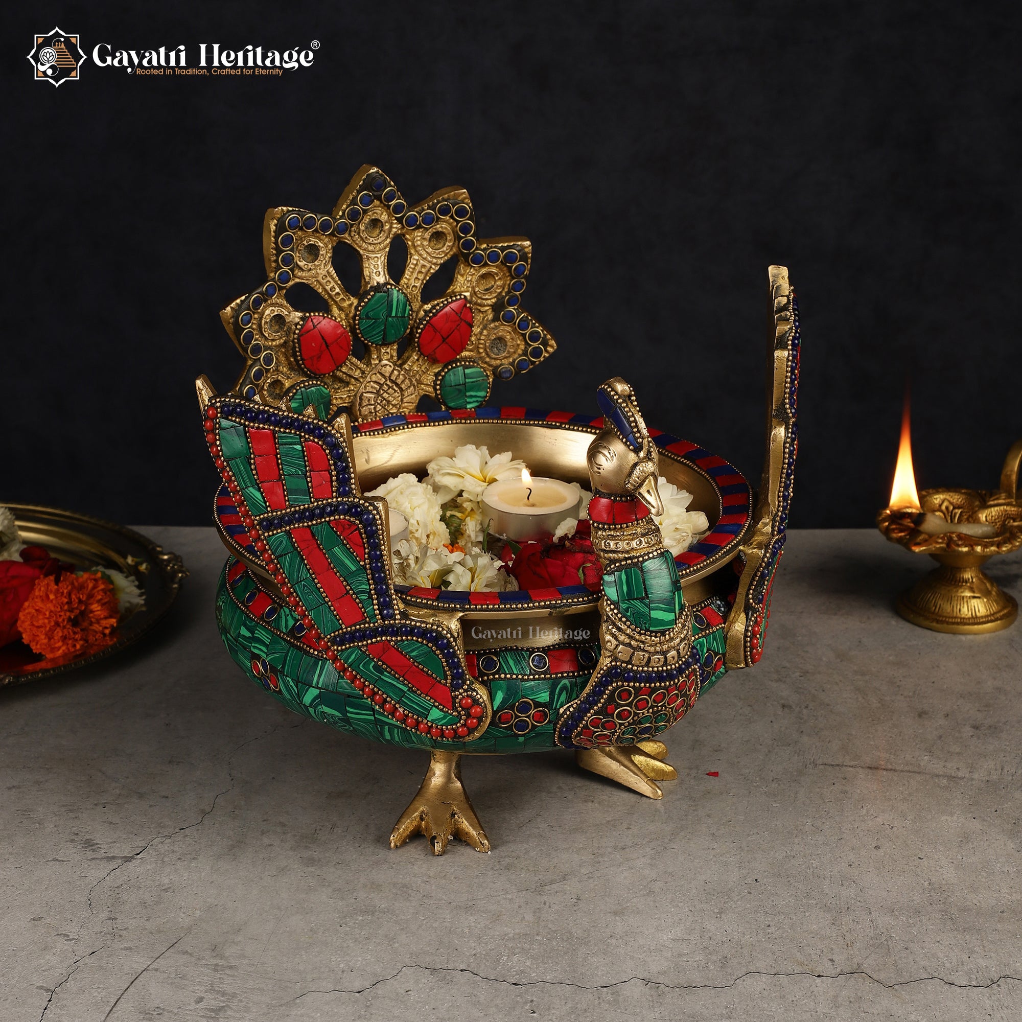 Brass Peacock Urli – Elegant Traditional Décor | Gayatri Heritage