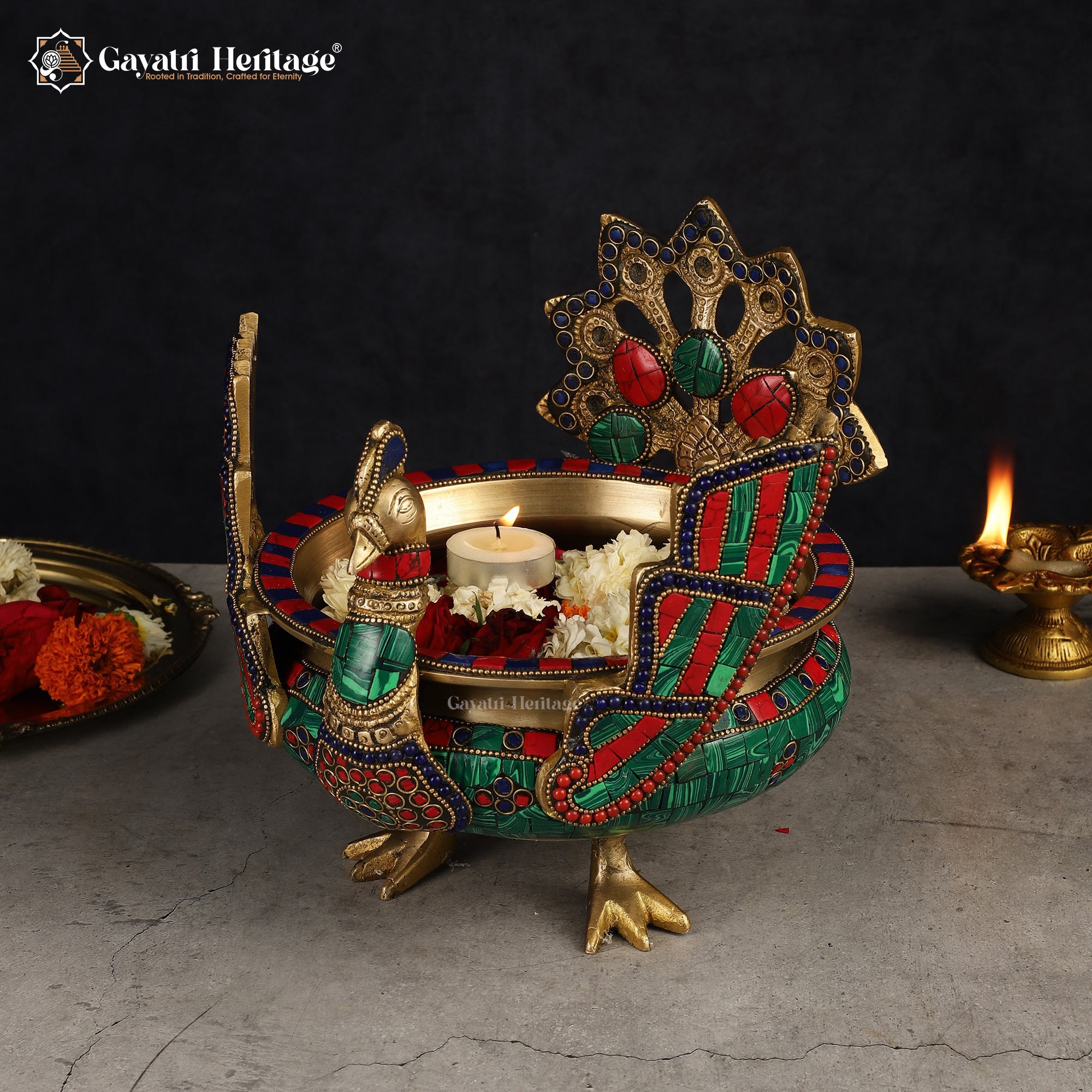 Brass Peacock Urli – Elegant Traditional Décor | Gayatri Heritage