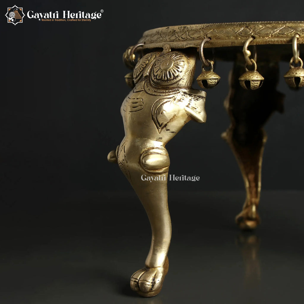 Brass Elephant Pillars Chowki – Ornate Pooja Stand for Home Decor
