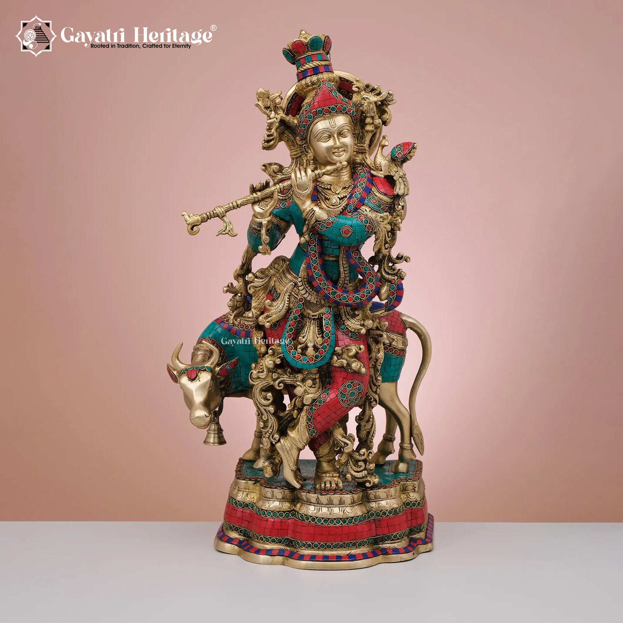 Brass Krishna Statue with Cow in Stone Work – Divine Craftsmanship | Gayatri Heritage