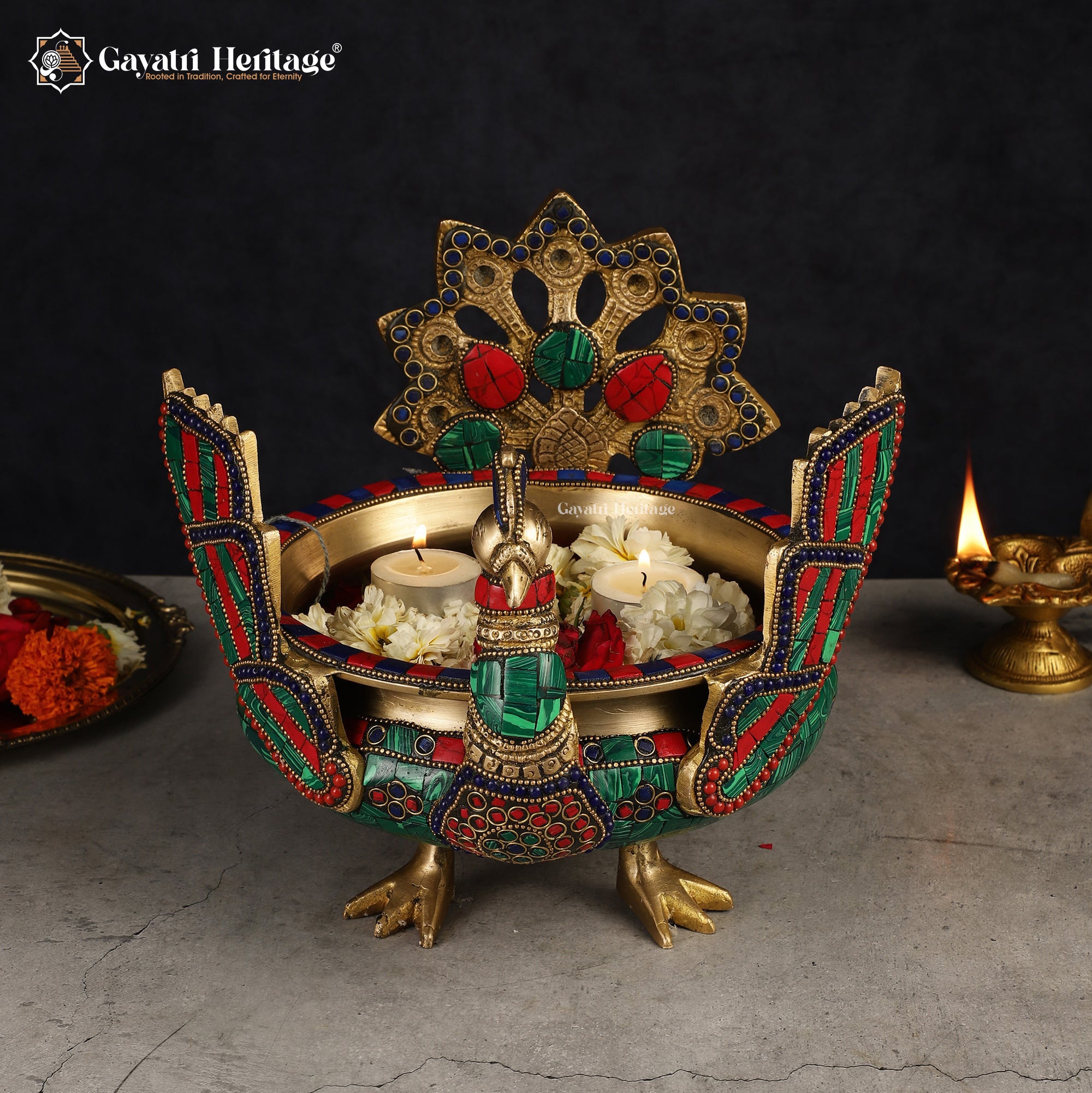 Brass Peacock Urli – Elegant Traditional Décor | Gayatri Heritage