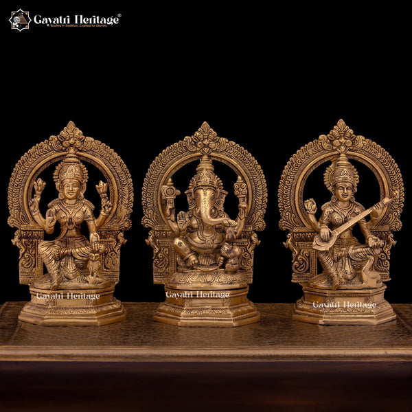 Artistic Brass Laxmi Ganesh Saraswati Idols in Stone Work – Divine Trio for Prosperity, Wisdom, and Harmony | Gayatri Heritage - Gayatri Heritage