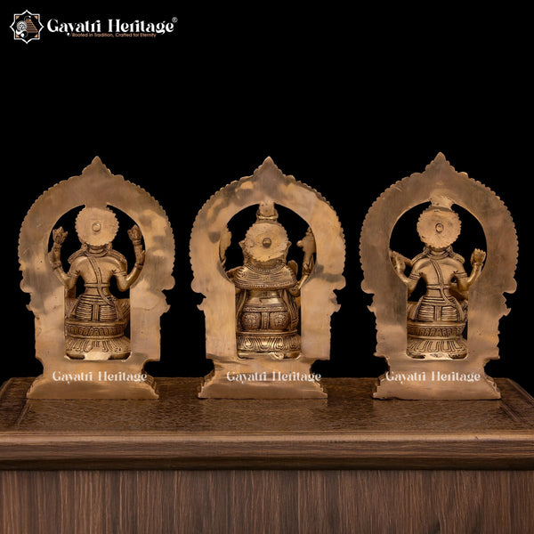 Artistic Brass Laxmi Ganesh Saraswati Idols in Stone Work – Divine Trio for Prosperity, Wisdom, and Harmony | Gayatri Heritage - Gayatri Heritage