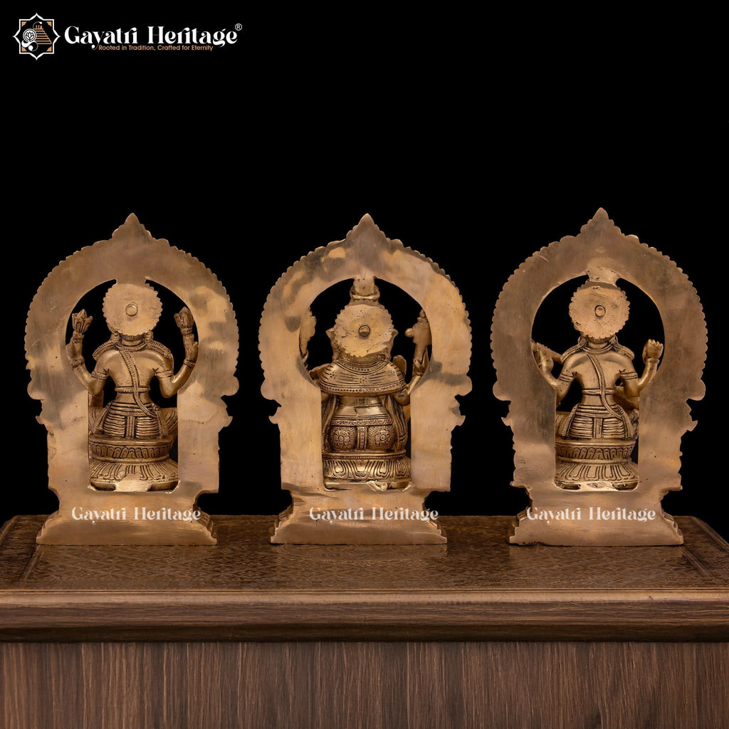 Artistic Brass Laxmi Ganesh Saraswati Idols in Stone Work – Divine Trio for Prosperity, Wisdom, and Harmony | Gayatri Heritage - Gayatri Heritage