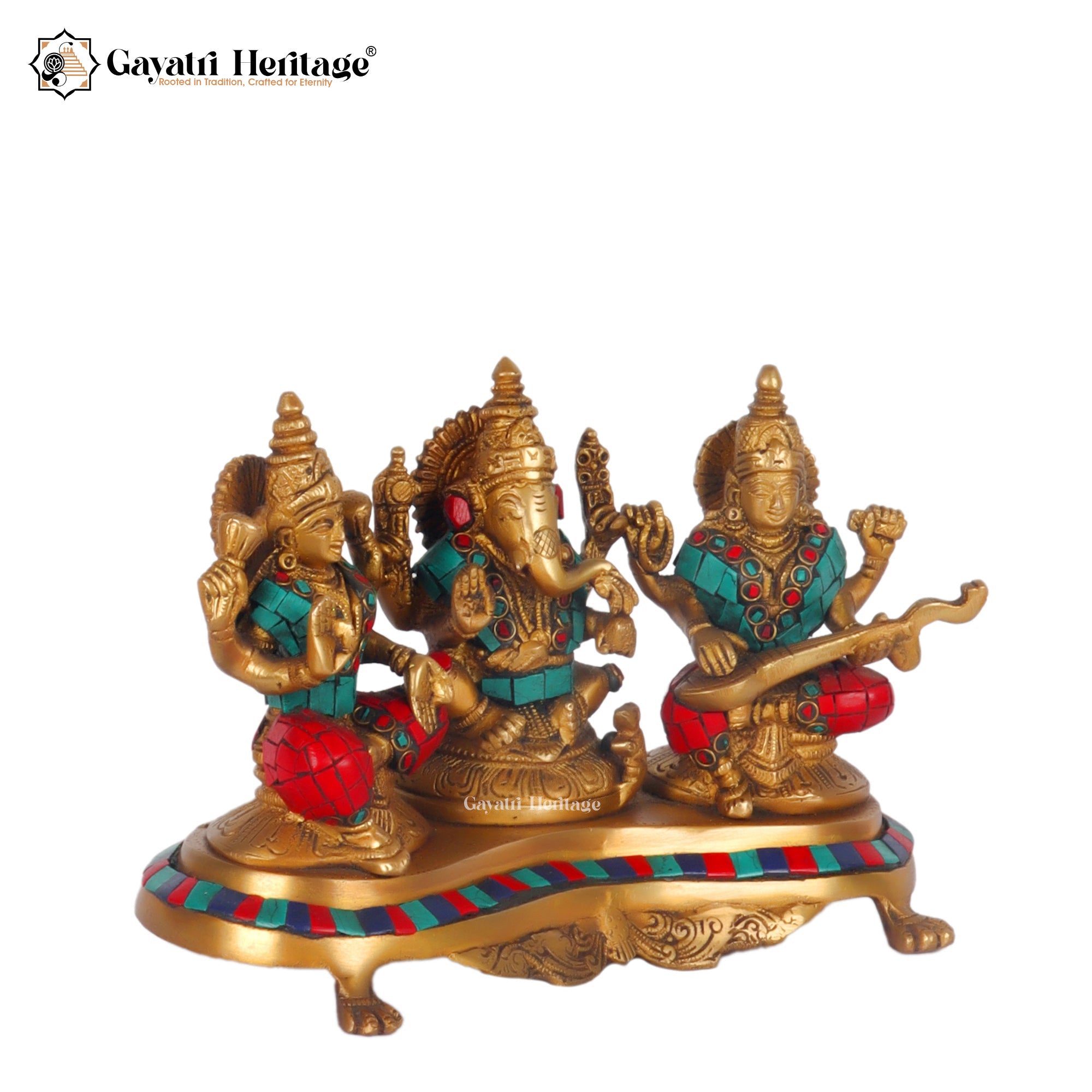 Brass Ganesh Laxmi Saraswati Idols – Divine Blessings on Base | Gayatri Heritage