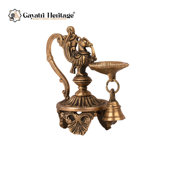 Brass Sparrow Diya | Oil Wick and Bell – Traditional Spiritual Lamp | Gayatri Heritage