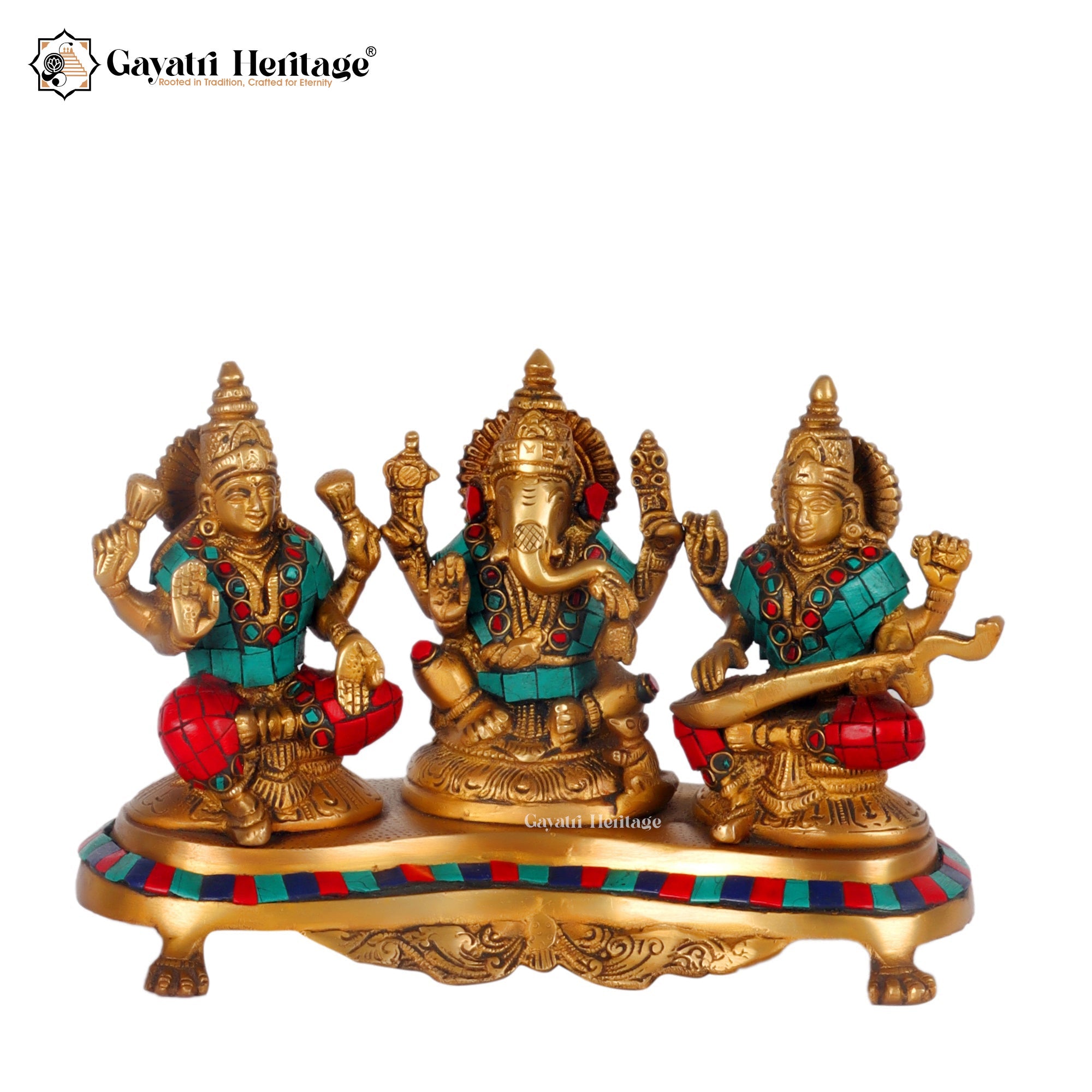 Brass Ganesh Laxmi Saraswati Idols – Divine Blessings on Base | Gayatri Heritage