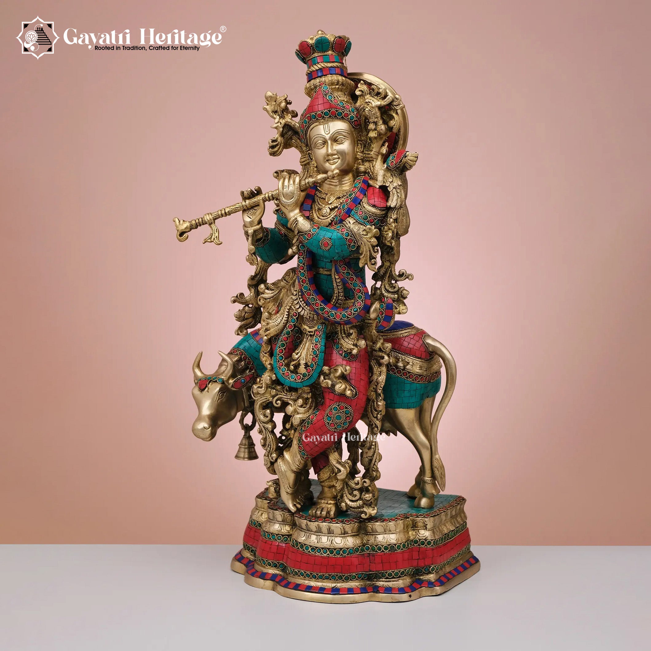 Brass Krishna Statue with Cow in Stone Work – Divine Craftsmanship | Gayatri Heritage