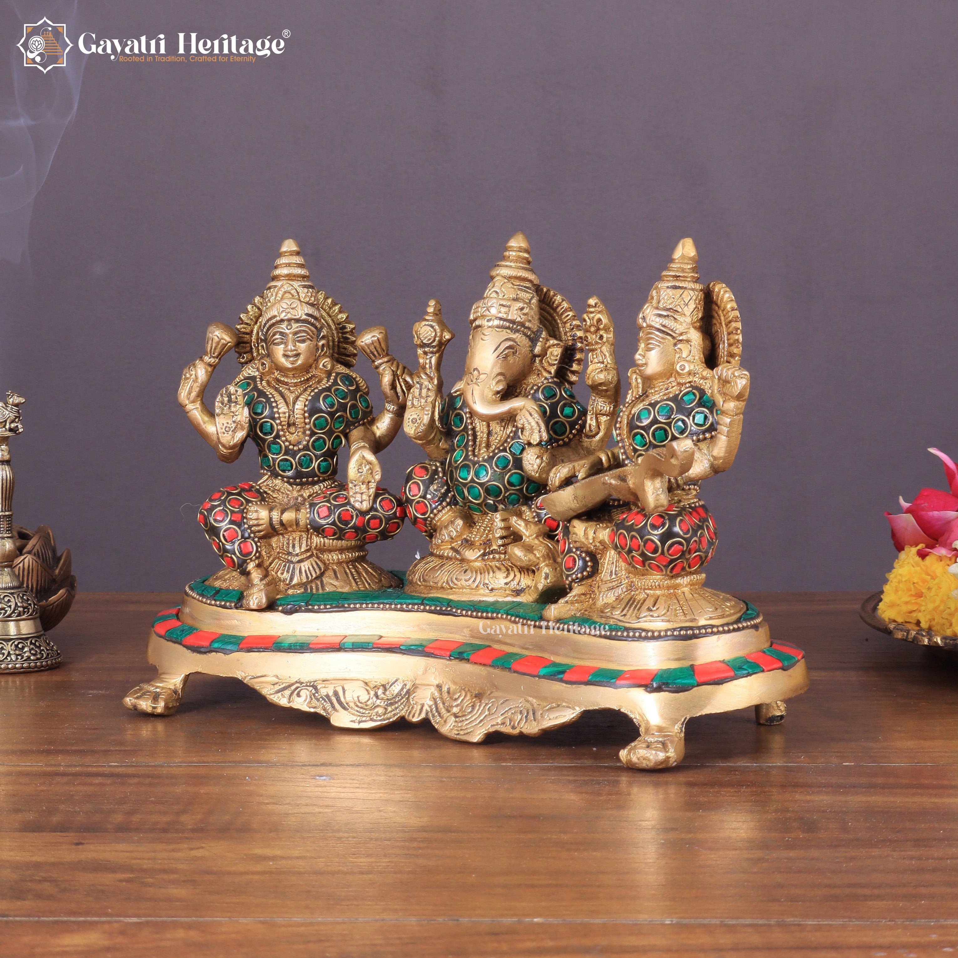 Brass Ganesh, Lakshmi, Saraswati Idols – Divine Trio for Blessings | Gayatri Heritage
