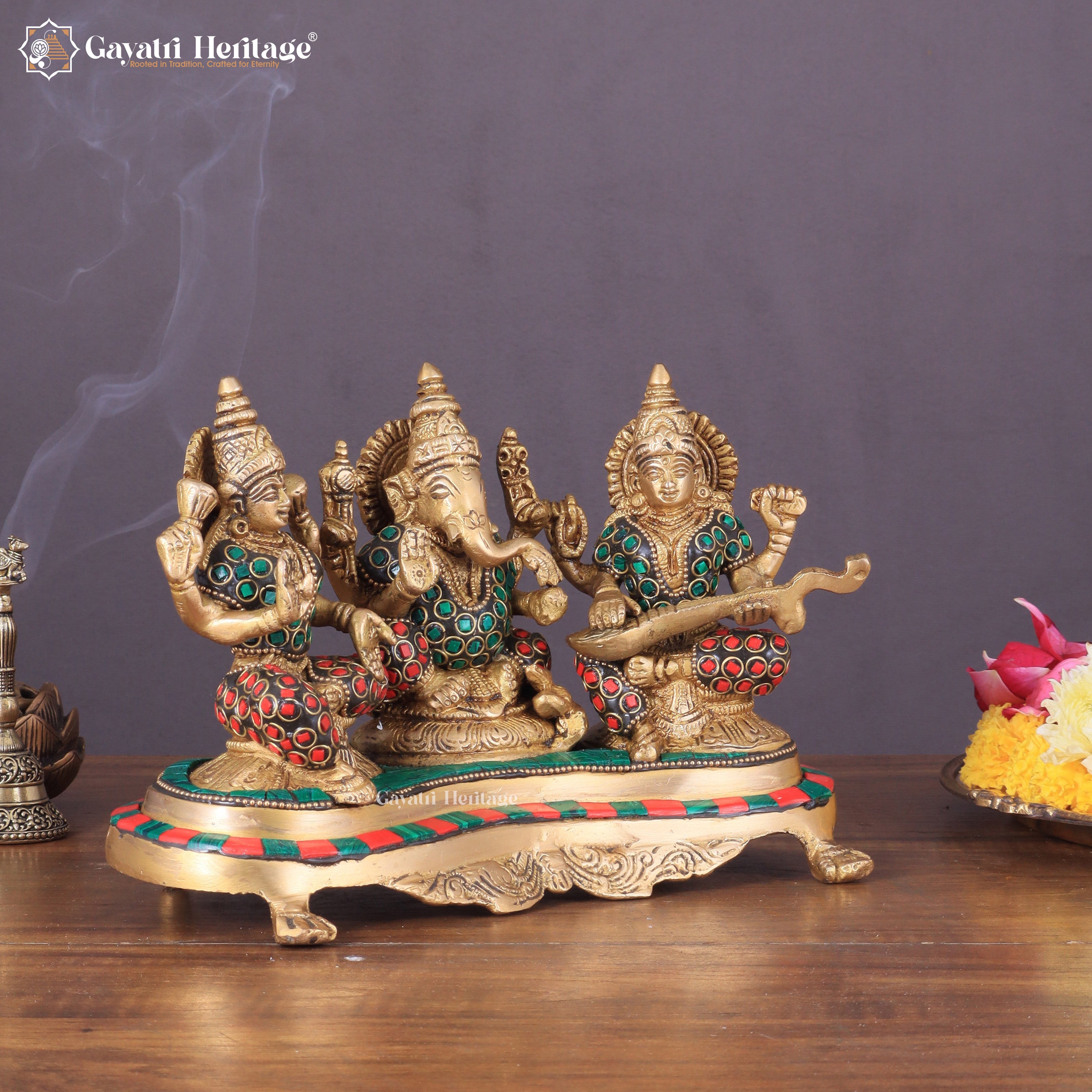 Brass Ganesh, Lakshmi, Saraswati Idols – Divine Trio for Blessings | Gayatri Heritage
