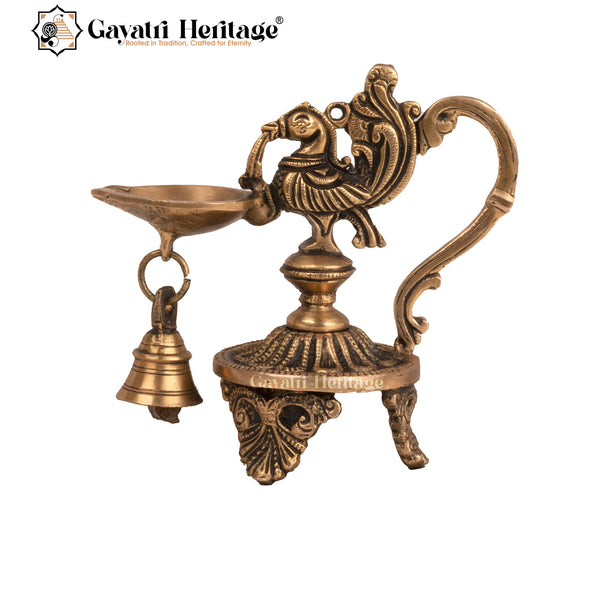 Brass Sparrow Diya | Oil Wick and Bell – Traditional Spiritual Lamp | Gayatri Heritage