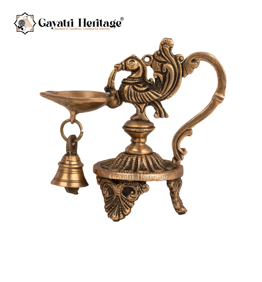 Brass Sparrow Diya | Oil Wick and Bell – Traditional Spiritual Lamp | Gayatri Heritage