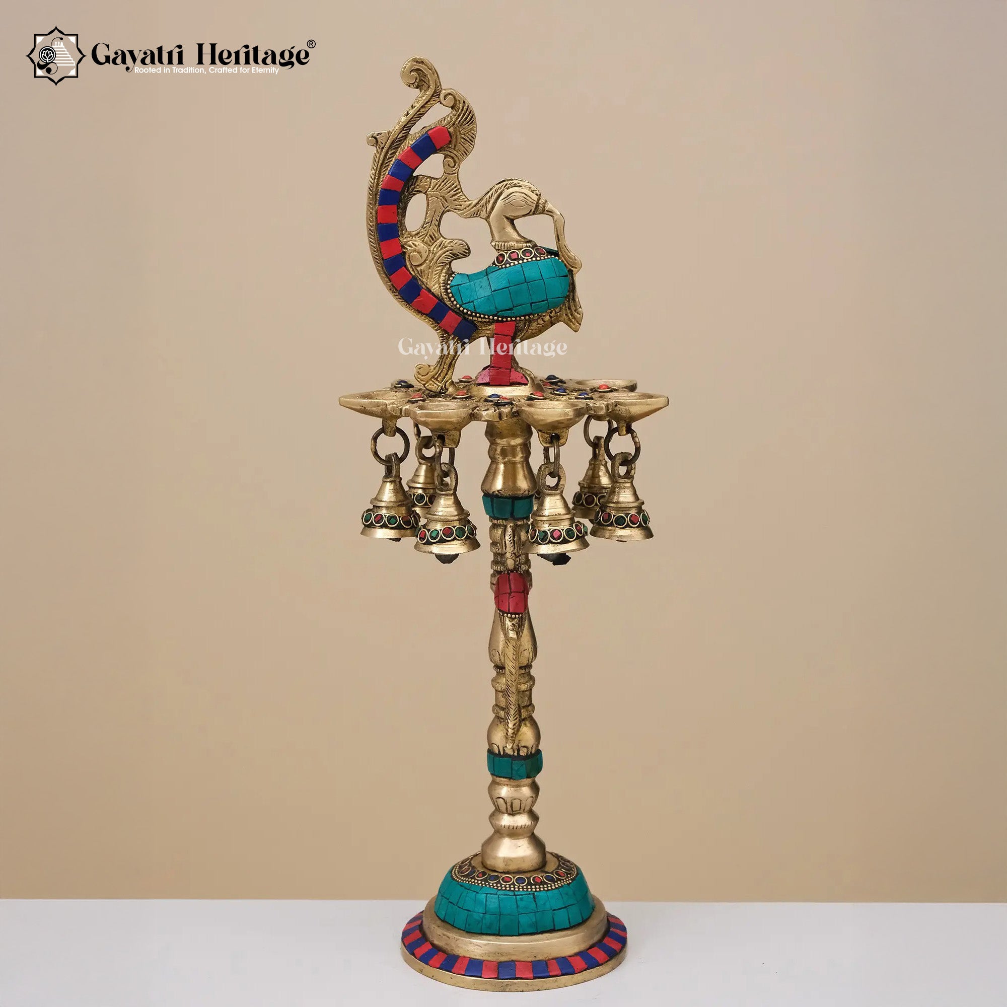 Brass Peacock Lamp in Stone Work – Elegant Decor | Gayatri Heritage