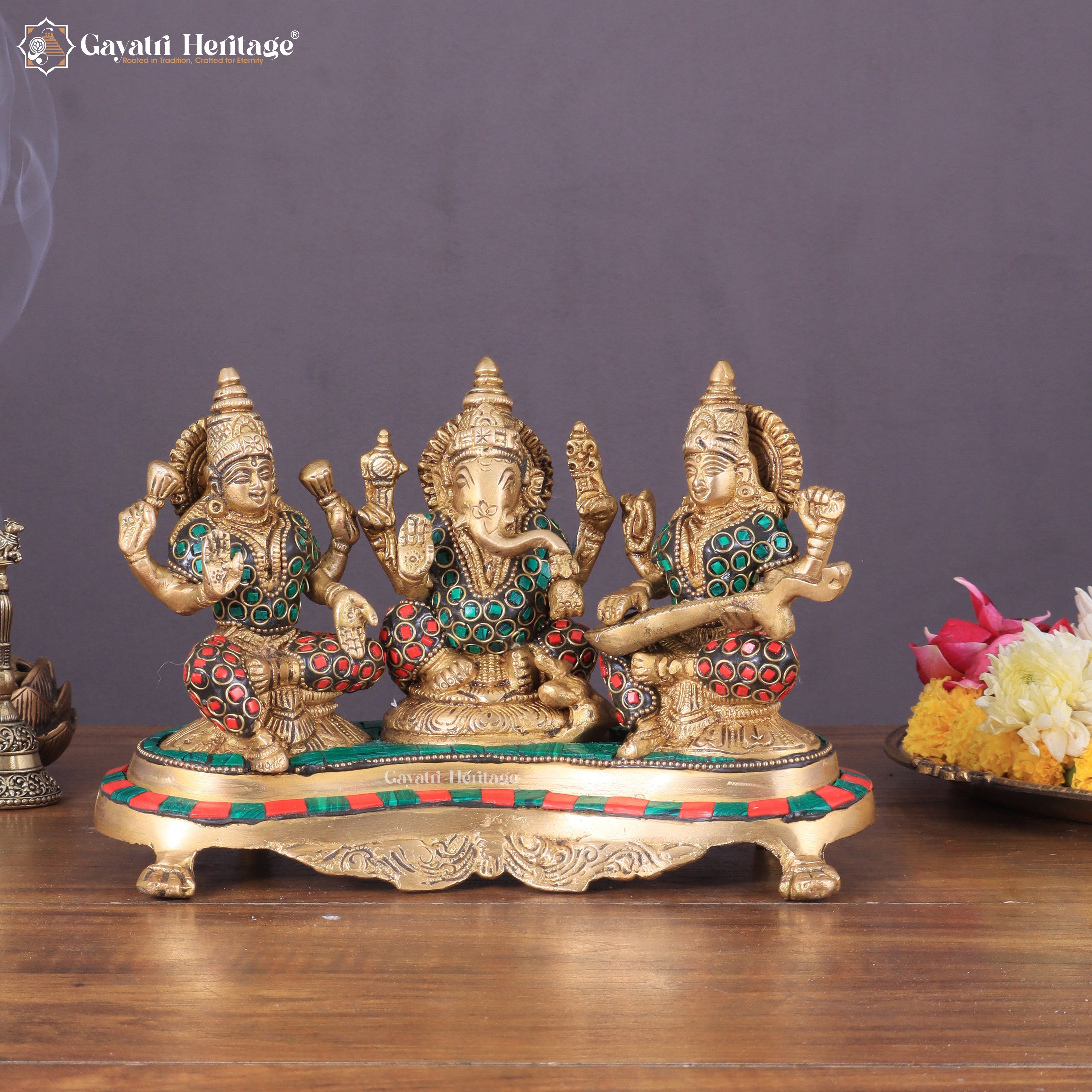 Brass Ganesh, Lakshmi, Saraswati Idols – Divine Trio for Blessings | Gayatri Heritage