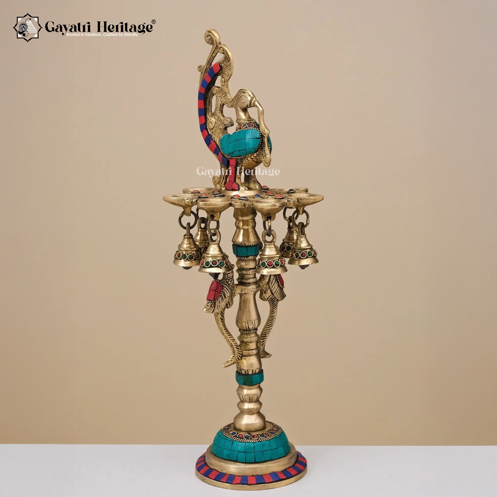 Brass Peacock Lamp in Stone Work – Elegant Decor | Gayatri Heritage