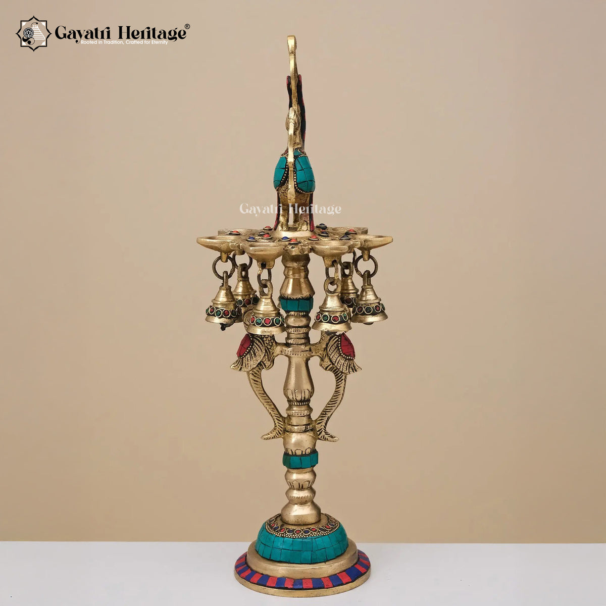 Brass Peacock Lamp in Stone Work – Elegant Decor | Gayatri Heritage