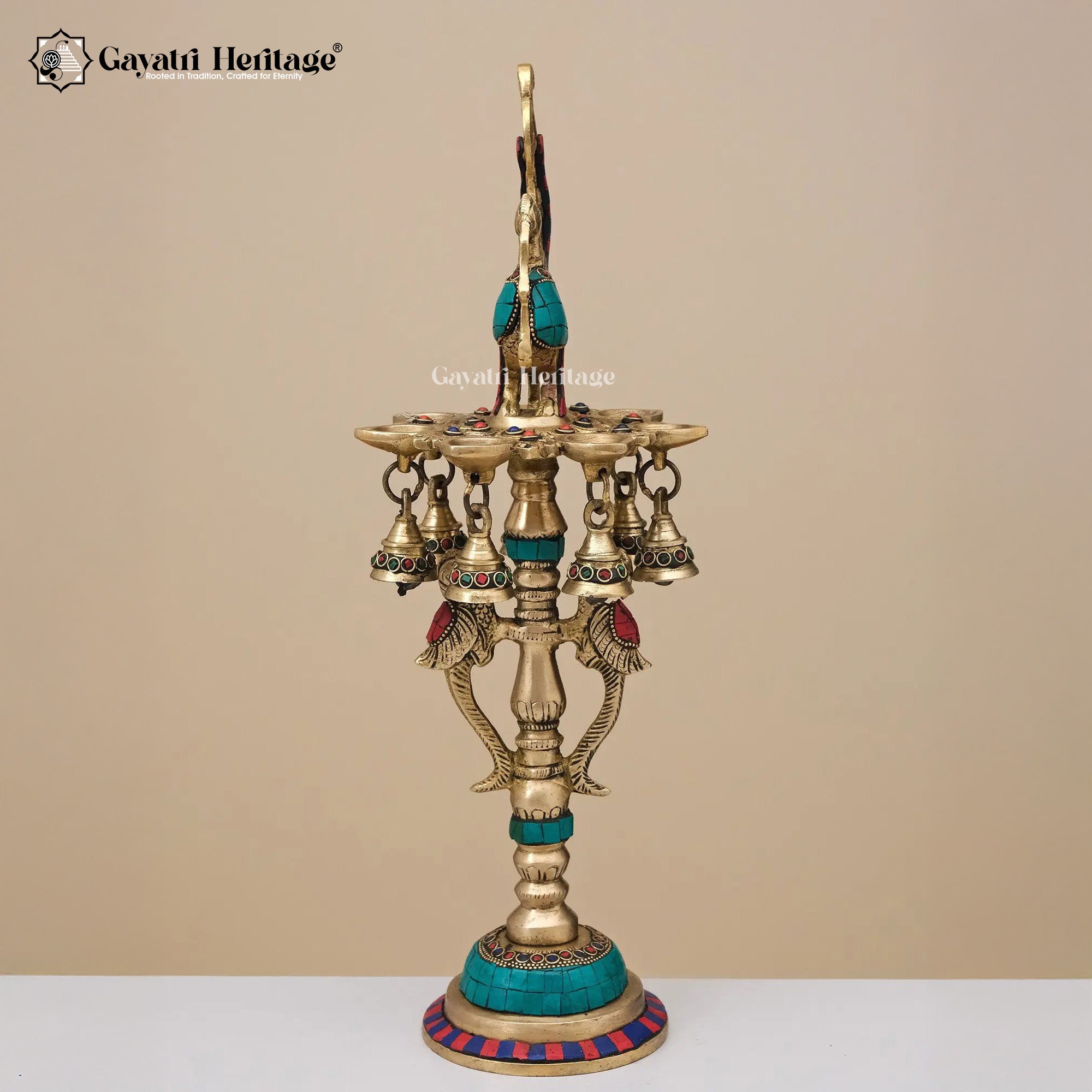 Brass Peacock Lamp in Stone Work – Elegant Decor | Gayatri Heritage