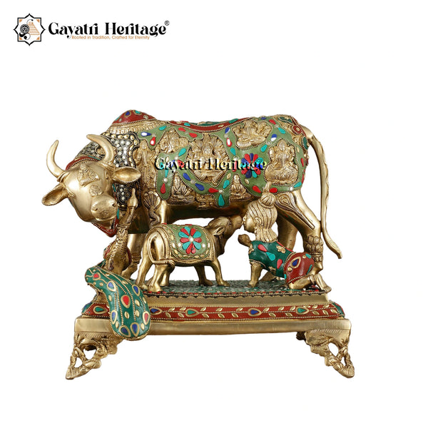 Brass Cow and Calf in Stone Work – Exquisite Religious Décor | Gayatri Heritage