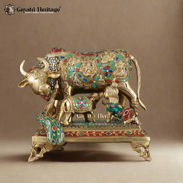 Brass Cow and Calf in Stone Work – Exquisite Religious Décor | Gayatri Heritage