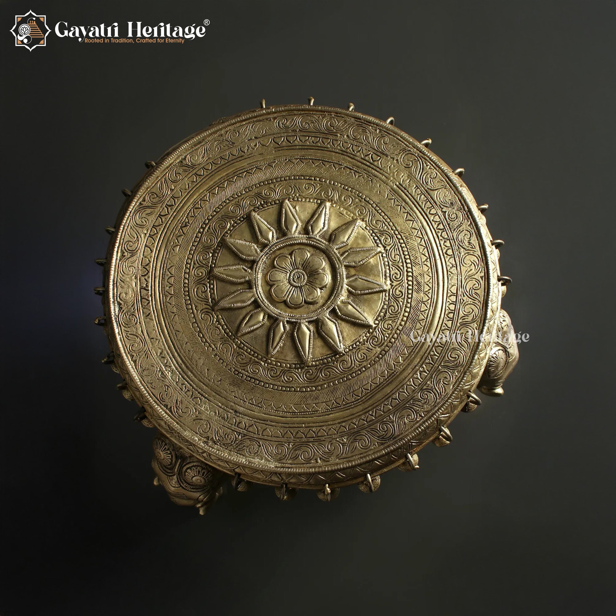 Brass Elephant Pillars Chowki – Ornate Pooja Stand for Home Decor