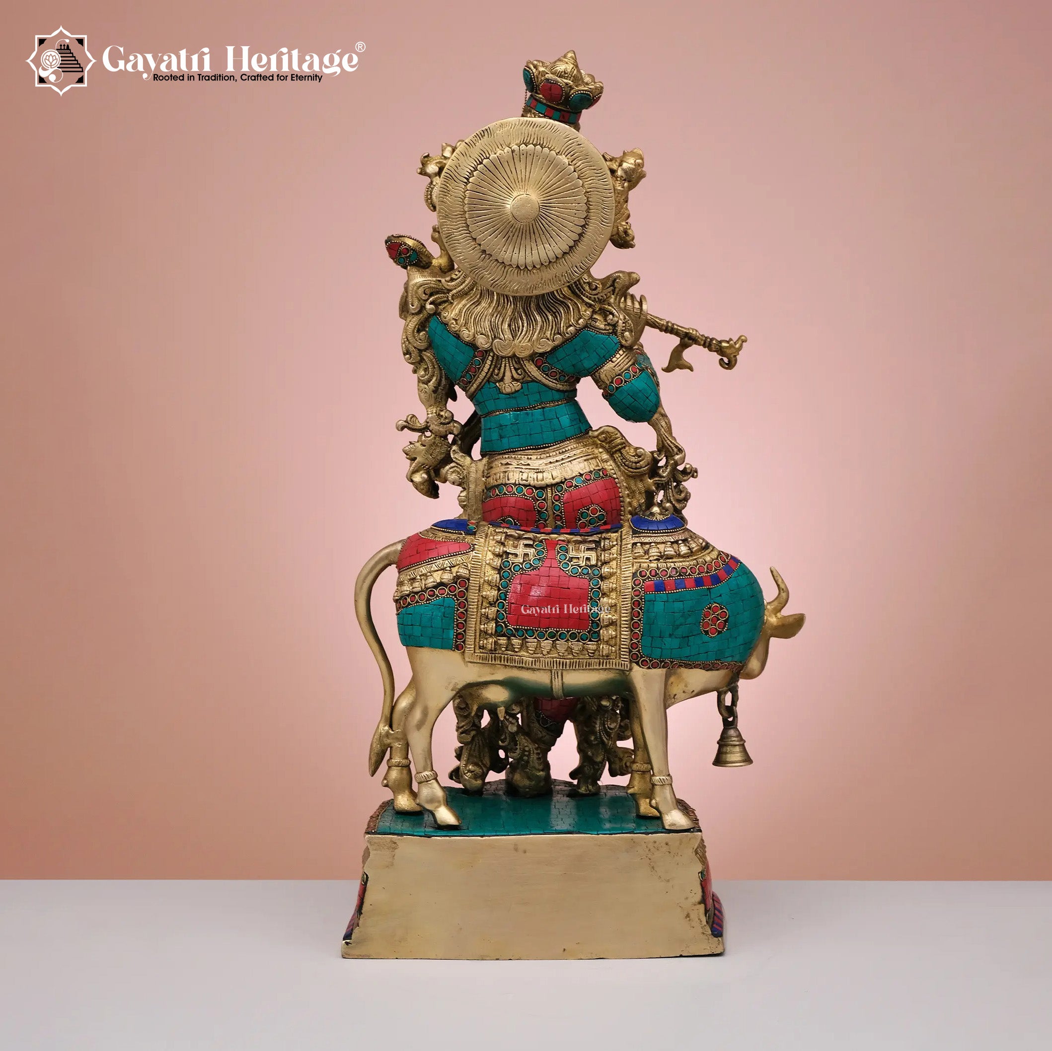 Brass Krishna Statue with Cow in Stone Work – Divine Craftsmanship | Gayatri Heritage