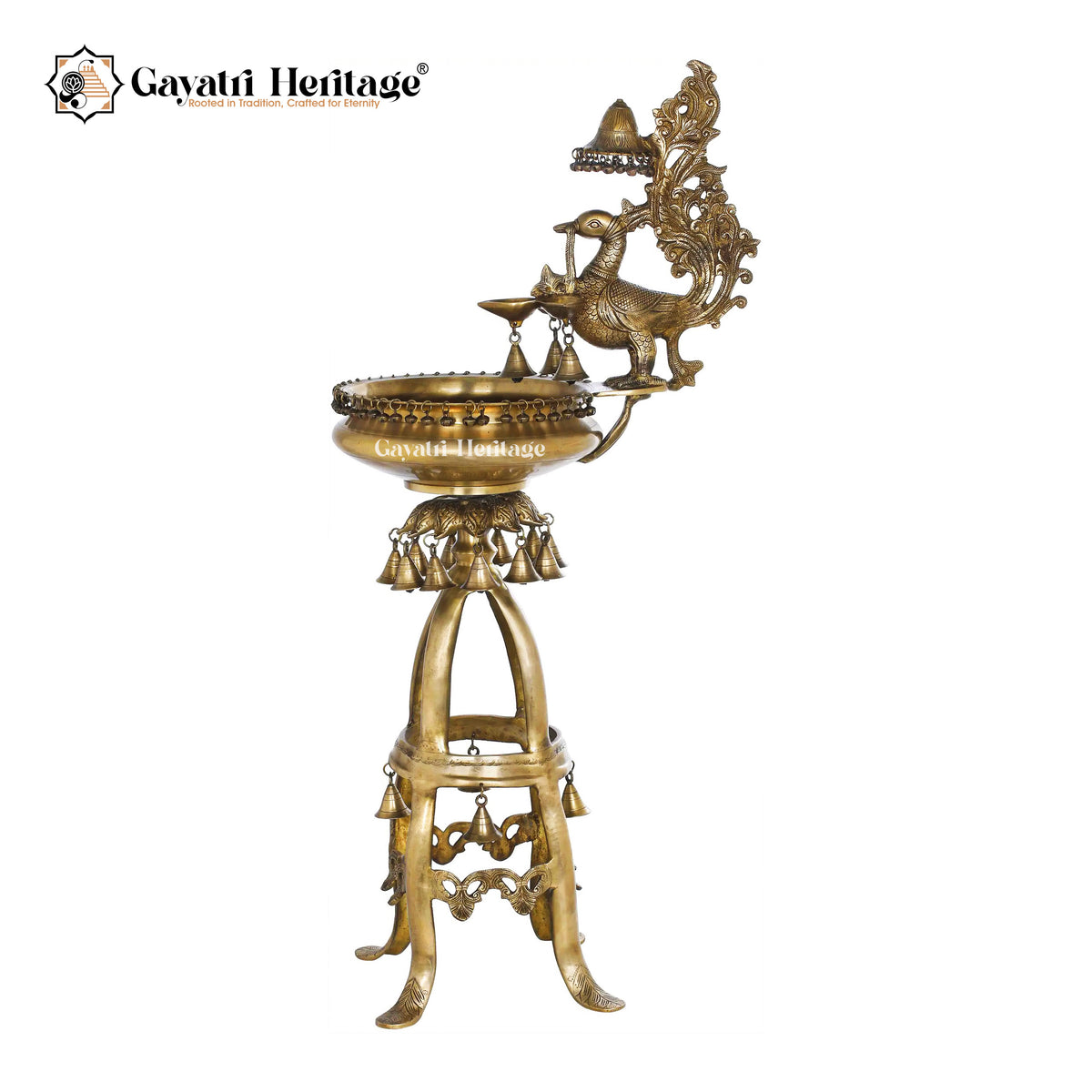 Brass Peacock Lamp with Urli and Bells – Graceful Ethnic Décor | Gayatri Heritage