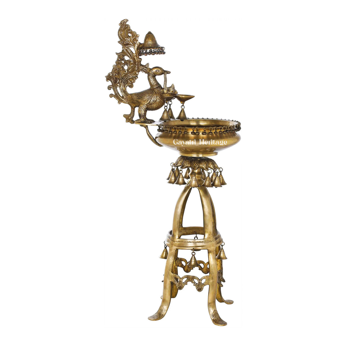 Brass Peacock Lamp with Urli and Bells – Graceful Ethnic Décor | Gayatri Heritage