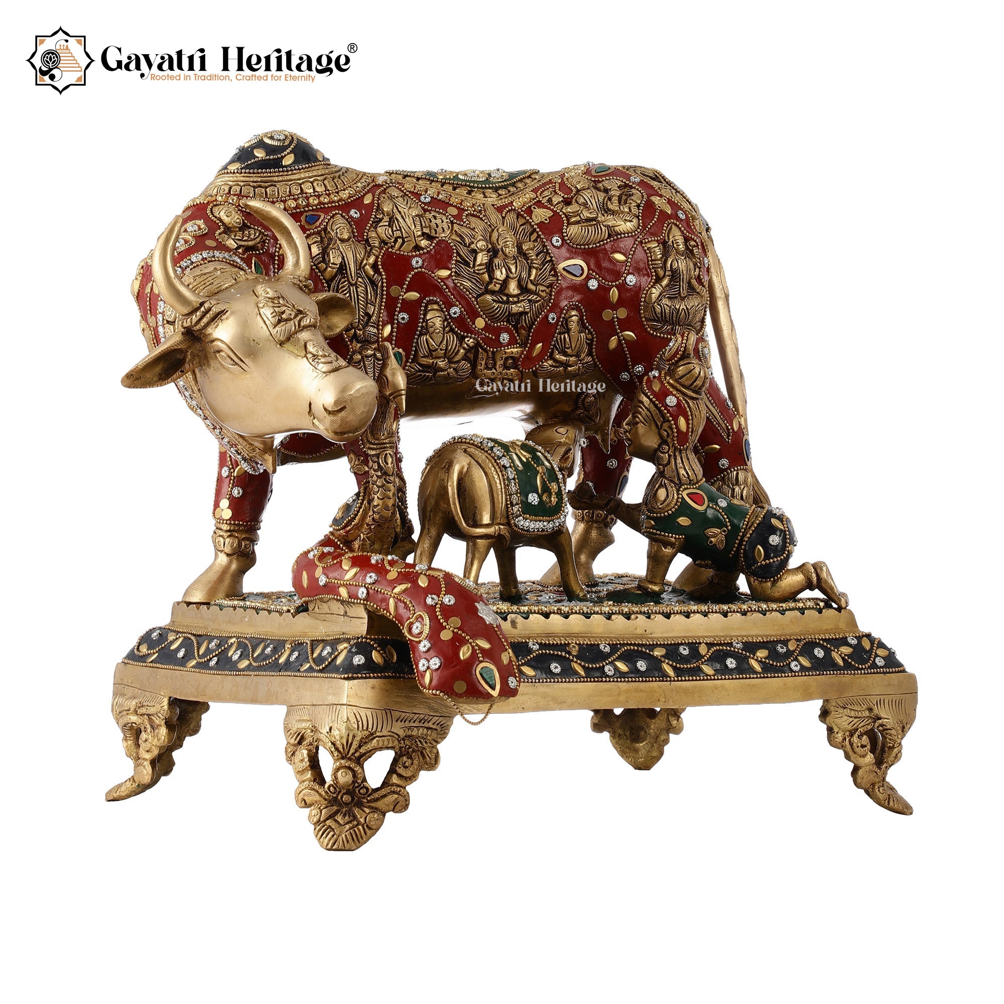 Brass Cow and Calf – Exquisite Stone Work Detailing | Gayatri Heritage