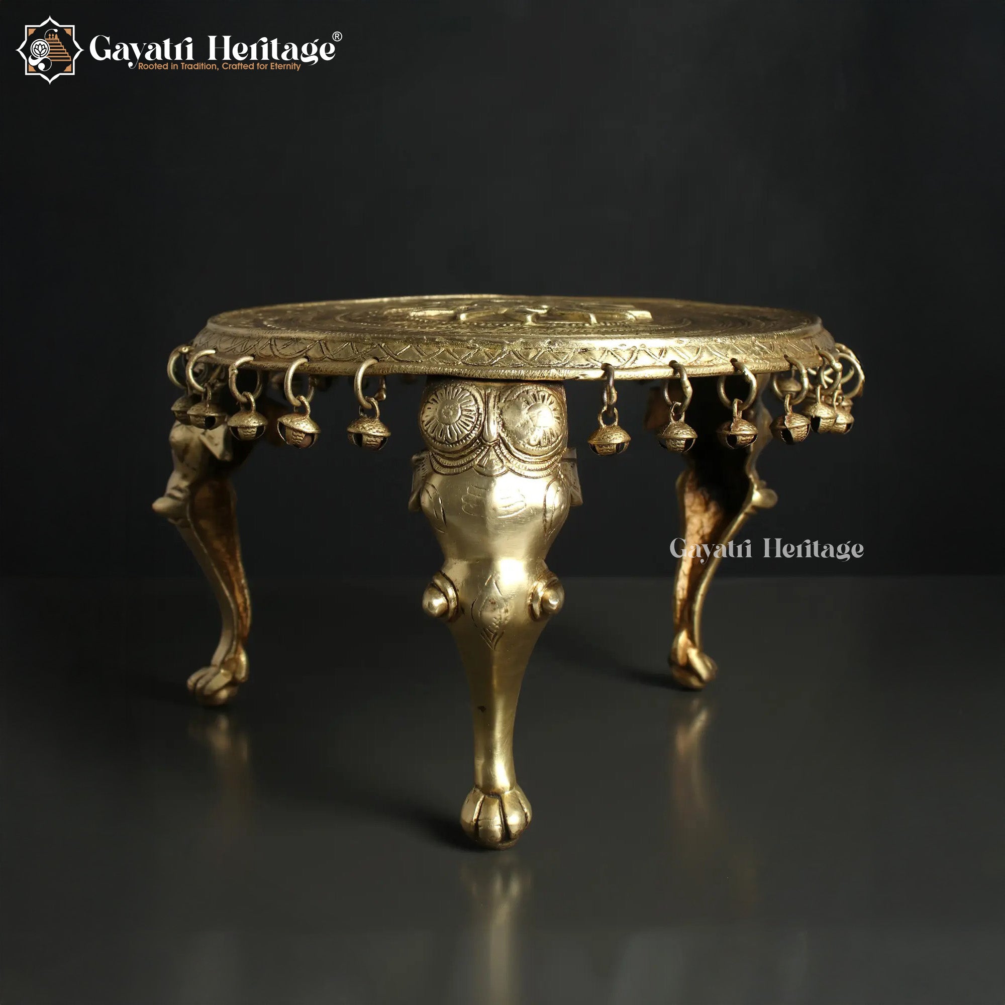 Brass Elephant Pillars Chowki – Ornate Pooja Stand for Home Decor