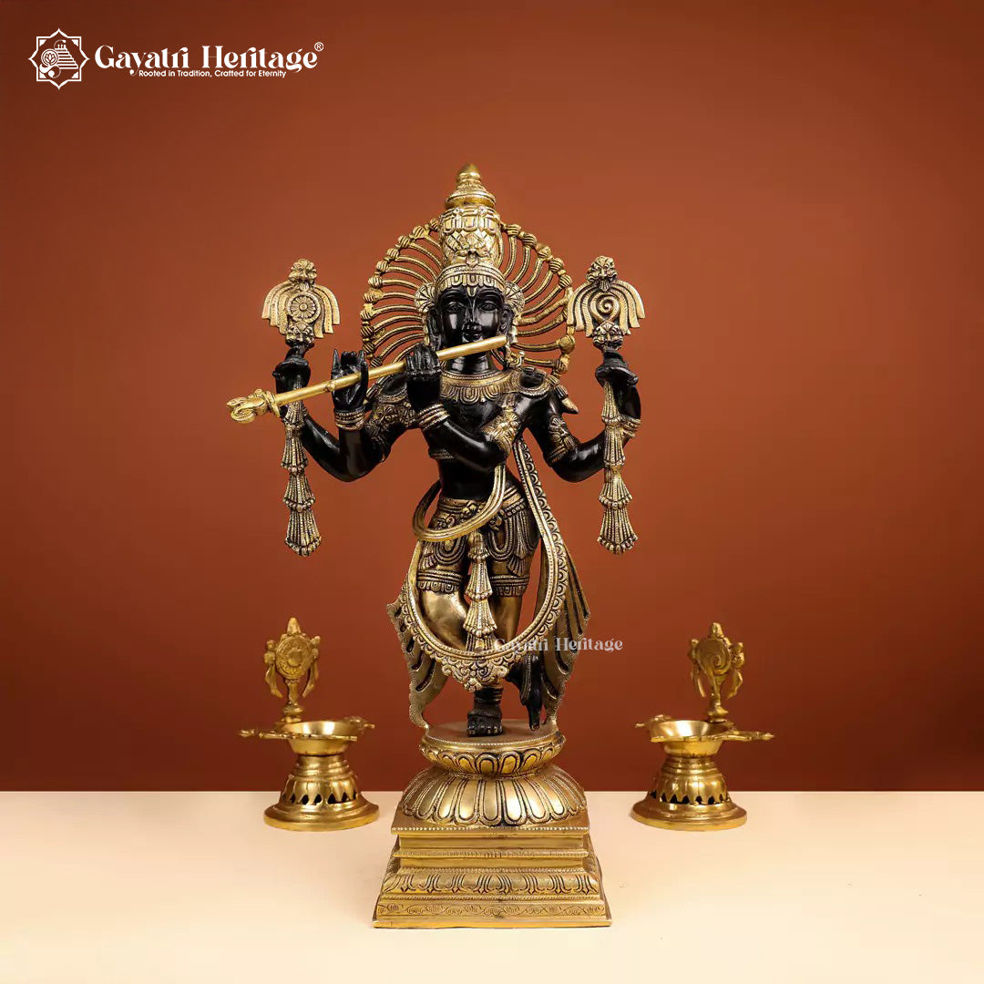 Brass Krishna Statue – Black Patina Finish | Gayatri Heritage