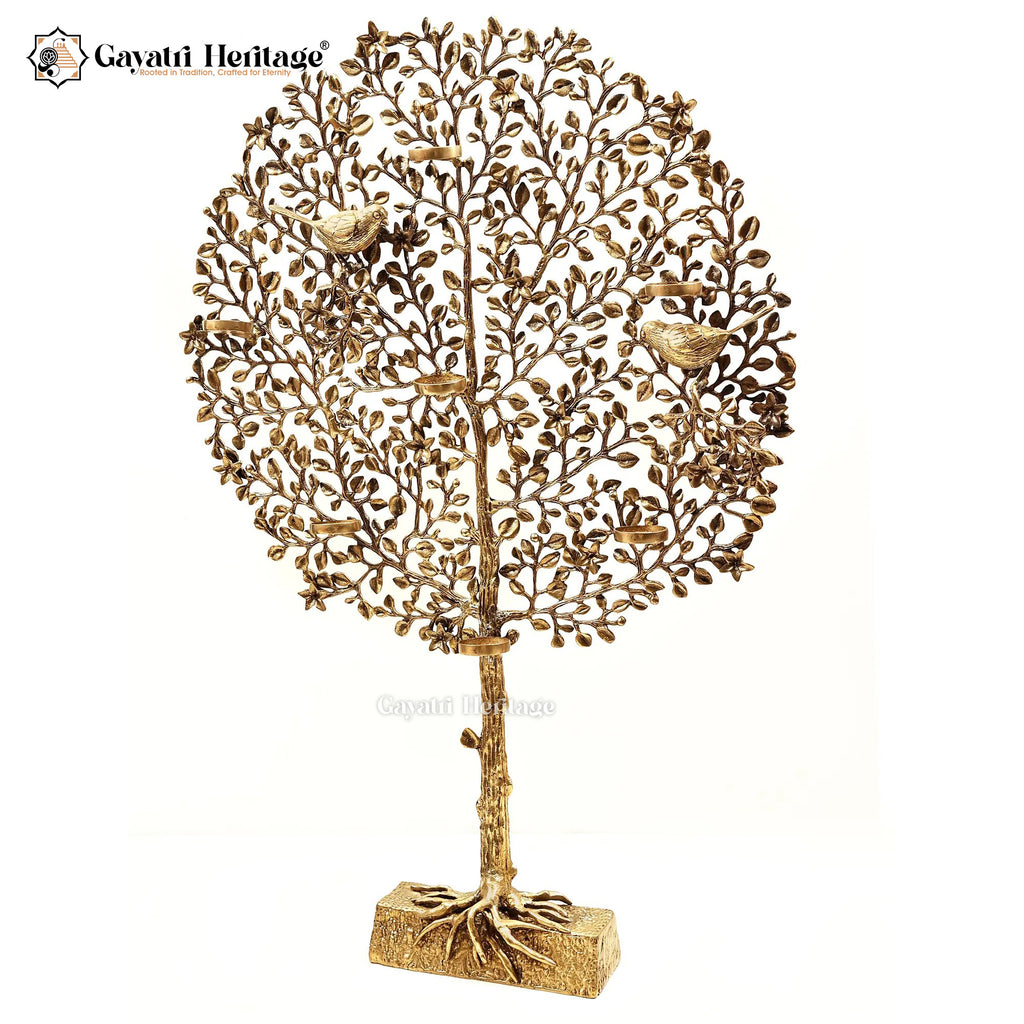 Brass Kalpavriksha with 8 Wax Lamp Holders & Chirping Bird | Gayatri Heritage