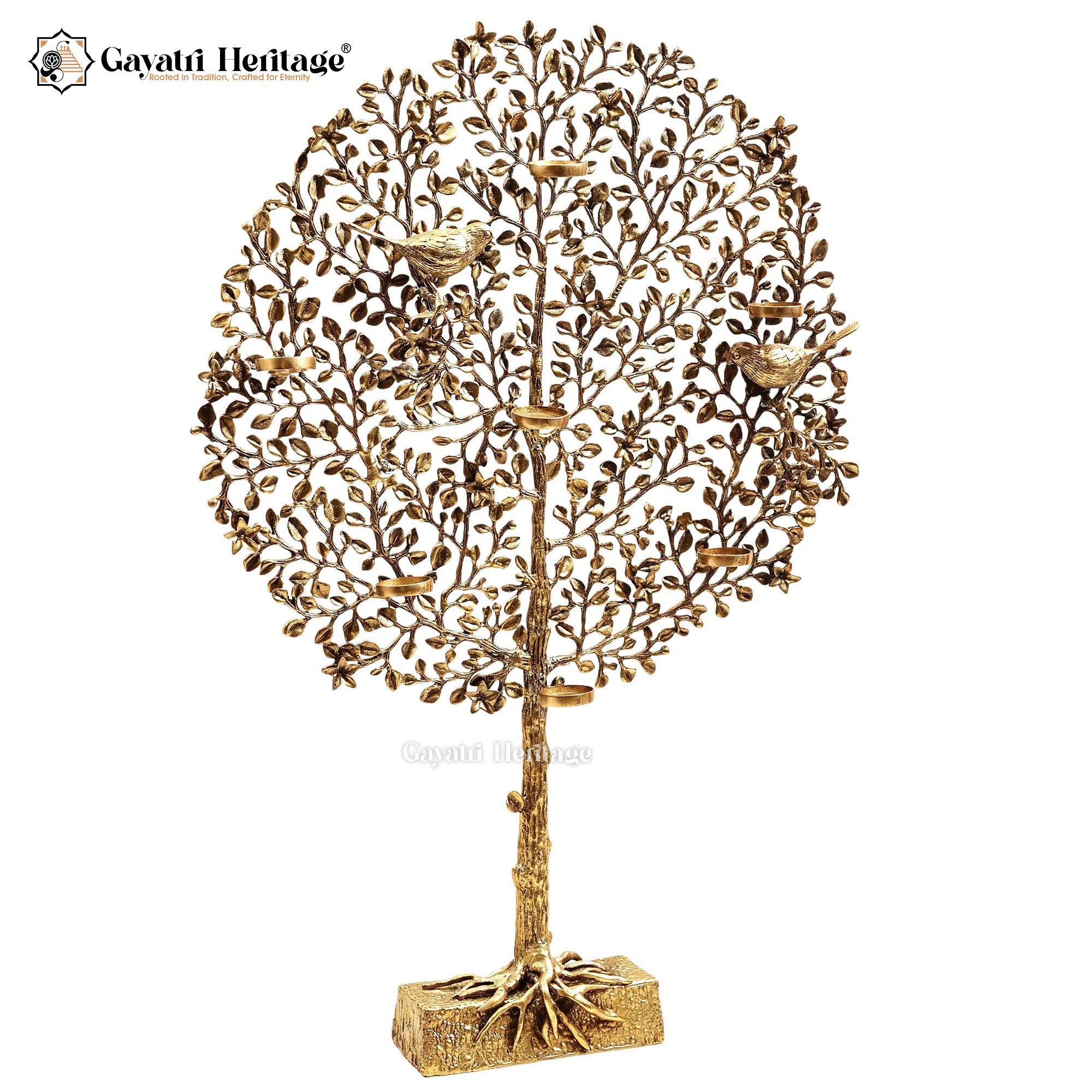 Brass Kalpavriksha with 8 Wax Lamp Holders & Chirping Bird | Gayatri Heritage