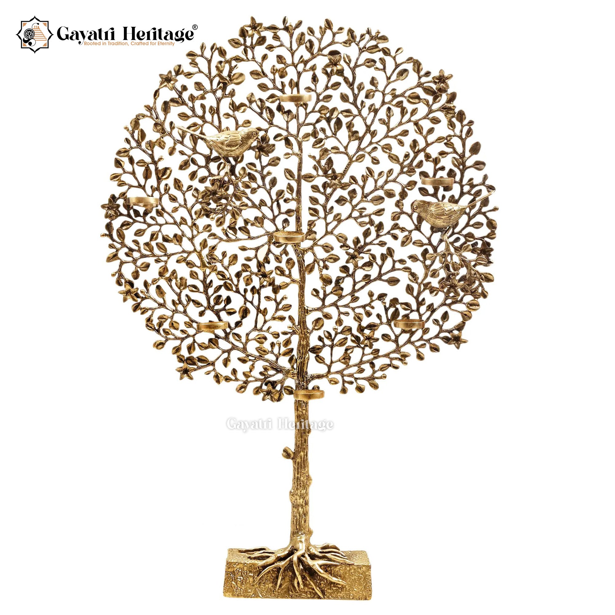 Brass Kalpavriksha with 8 Wax Lamp Holders & Chirping Bird | Gayatri Heritage