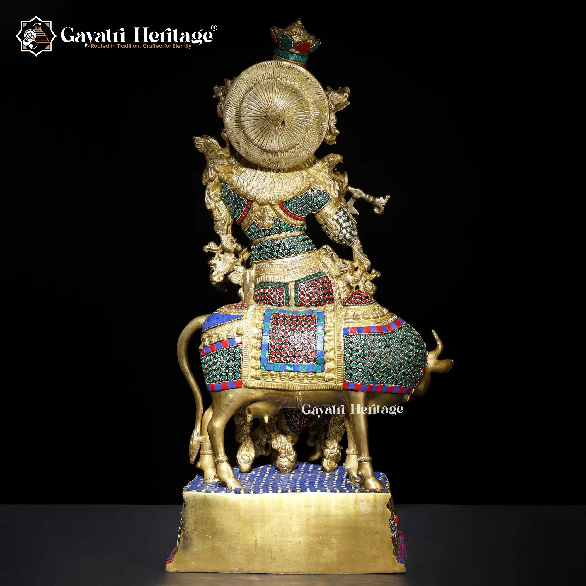 Brass Krishna Statue with Cow – Elegant Stone-Work Sculpture | Gayatri Heritage