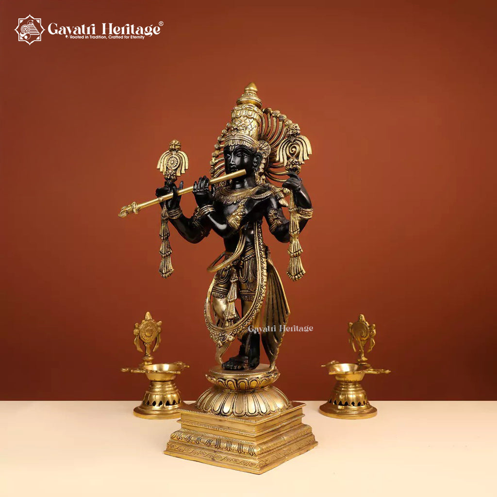 Brass Krishna Statue – Black Patina Finish | Gayatri Heritage