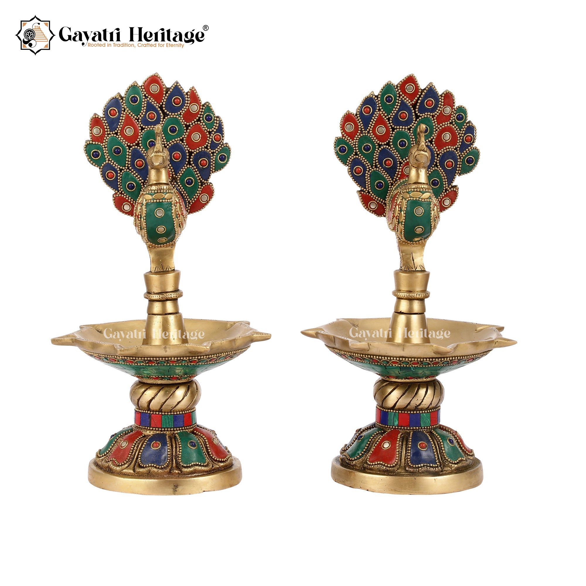 Brass Peacock Lamp with Stone Work – Traditional Lighting Décor | Gayatri Heritage