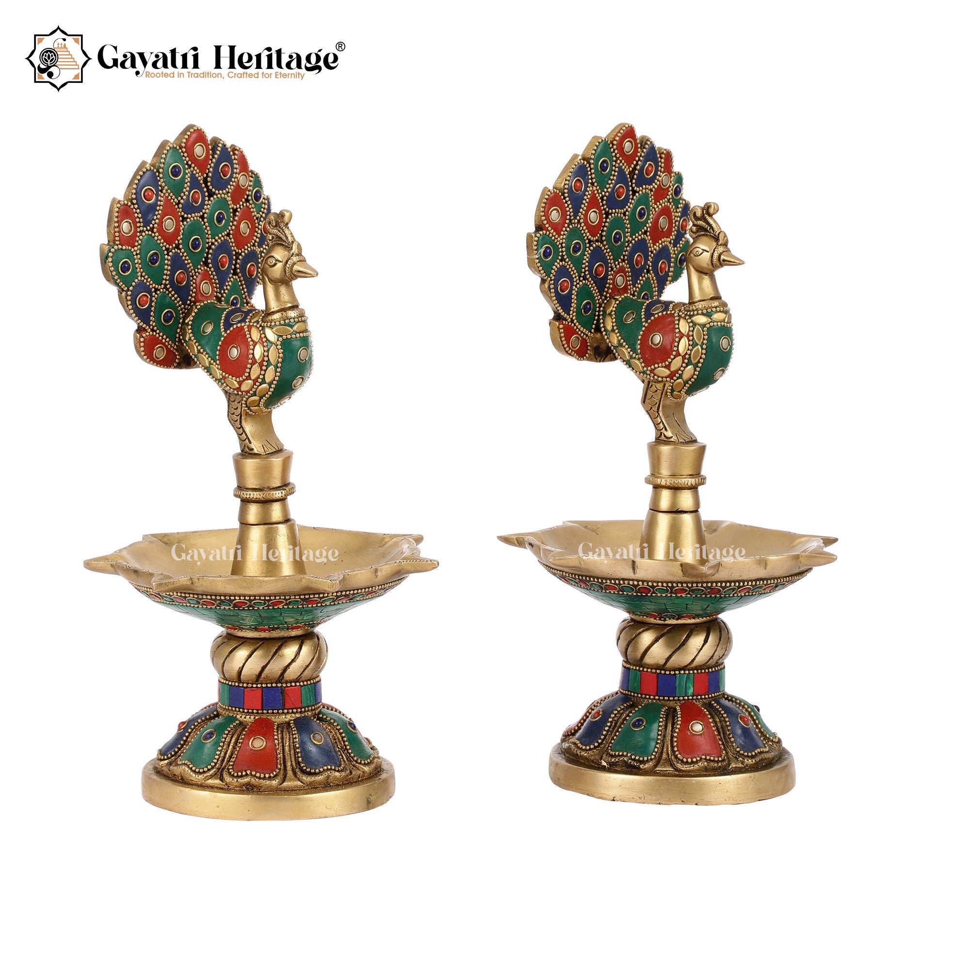 Brass Peacock Lamp with Stone Work – Traditional Lighting Décor | Gayatri Heritage