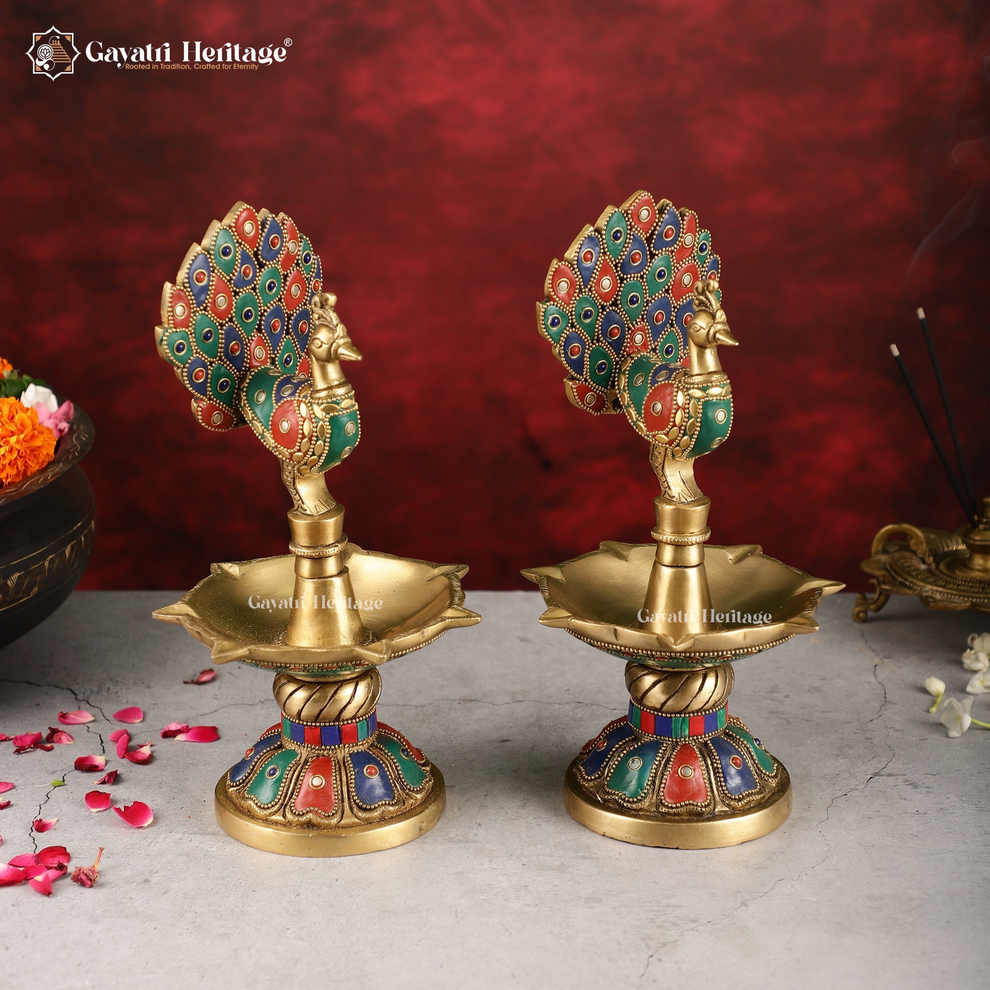 Brass Peacock Lamp with Stone Work – Traditional Lighting Décor | Gayatri Heritage