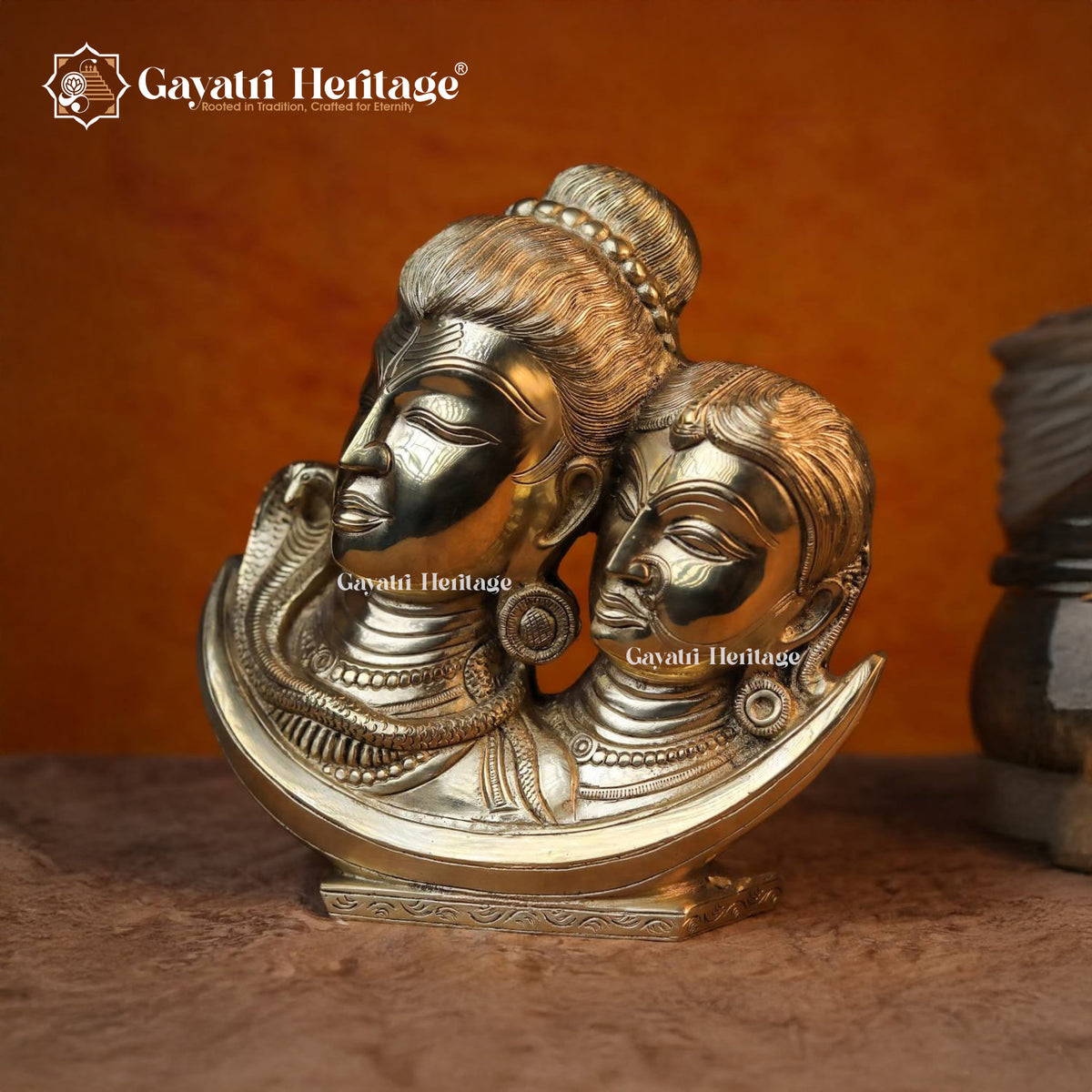 Brass Shiva Parvati Face on Crystal Moon – Sacred Celestial Display | Gayatri Heritage