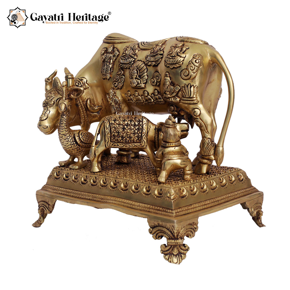 Brass Cow and Calf in Yellow Antique – Sacred Décor | Gayatri Heritage