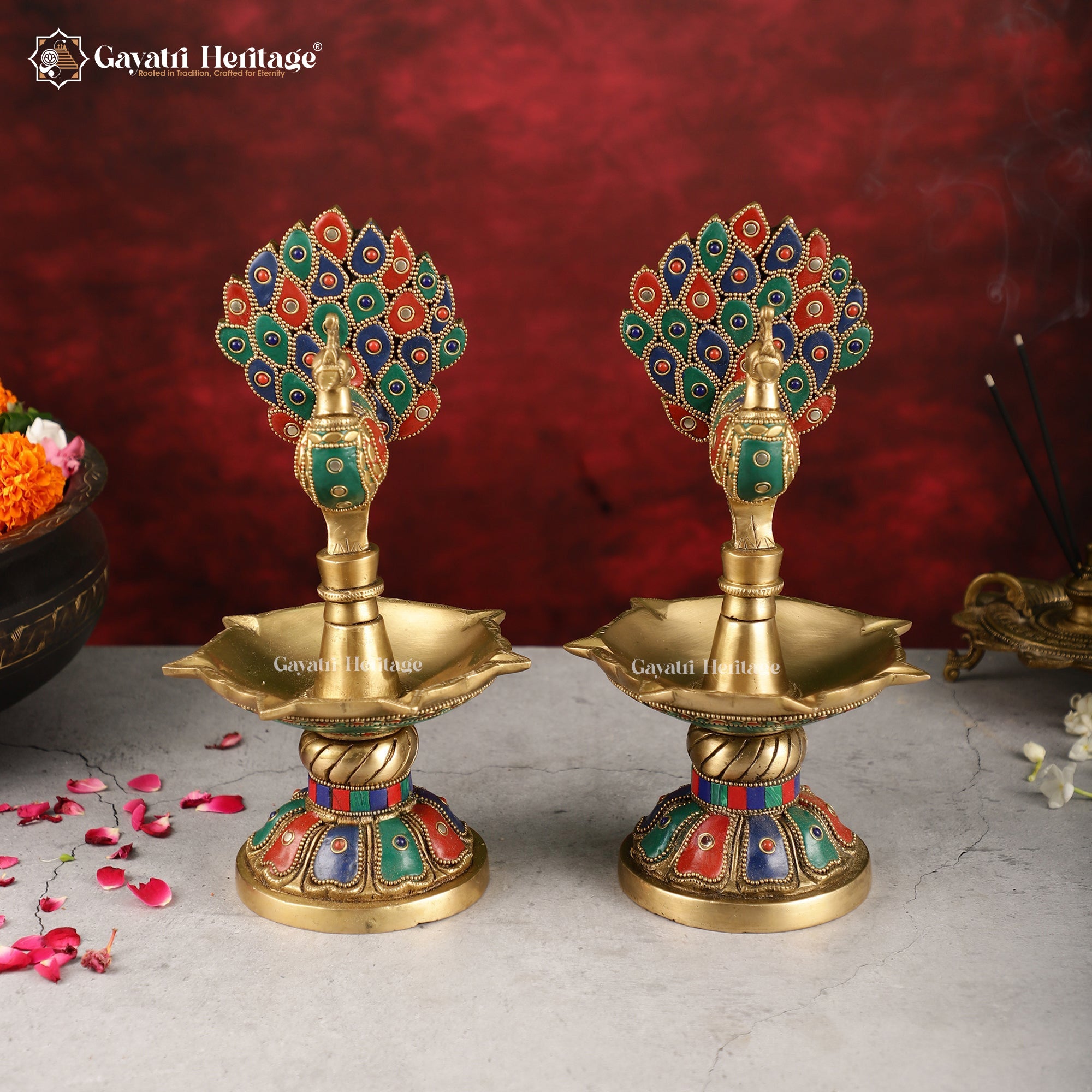 Brass Peacock Lamp with Stone Work – Traditional Lighting Décor | Gayatri Heritage